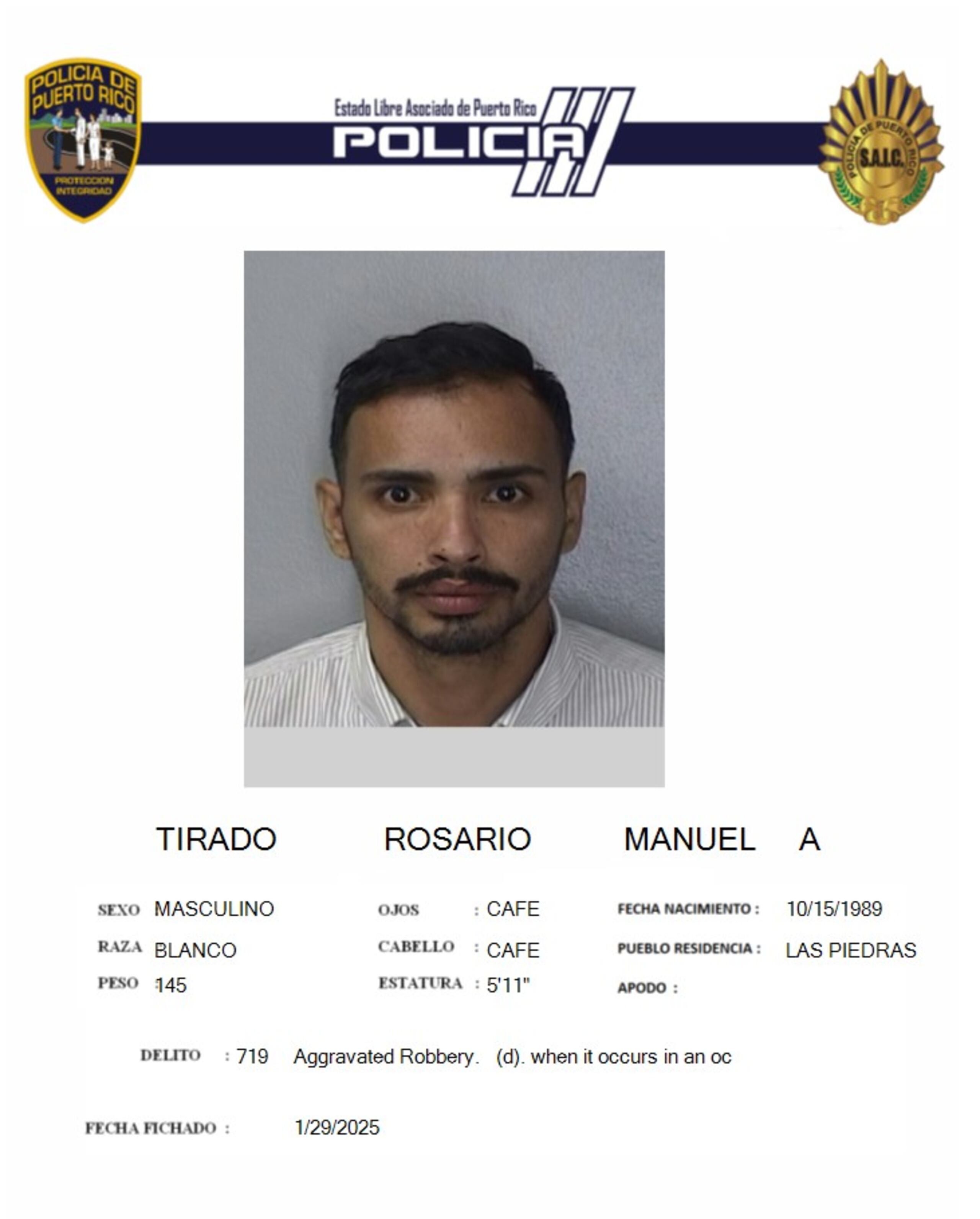 Manuel A. Tirado Rosario, fue acusado por cargos de robo y daños agravados.