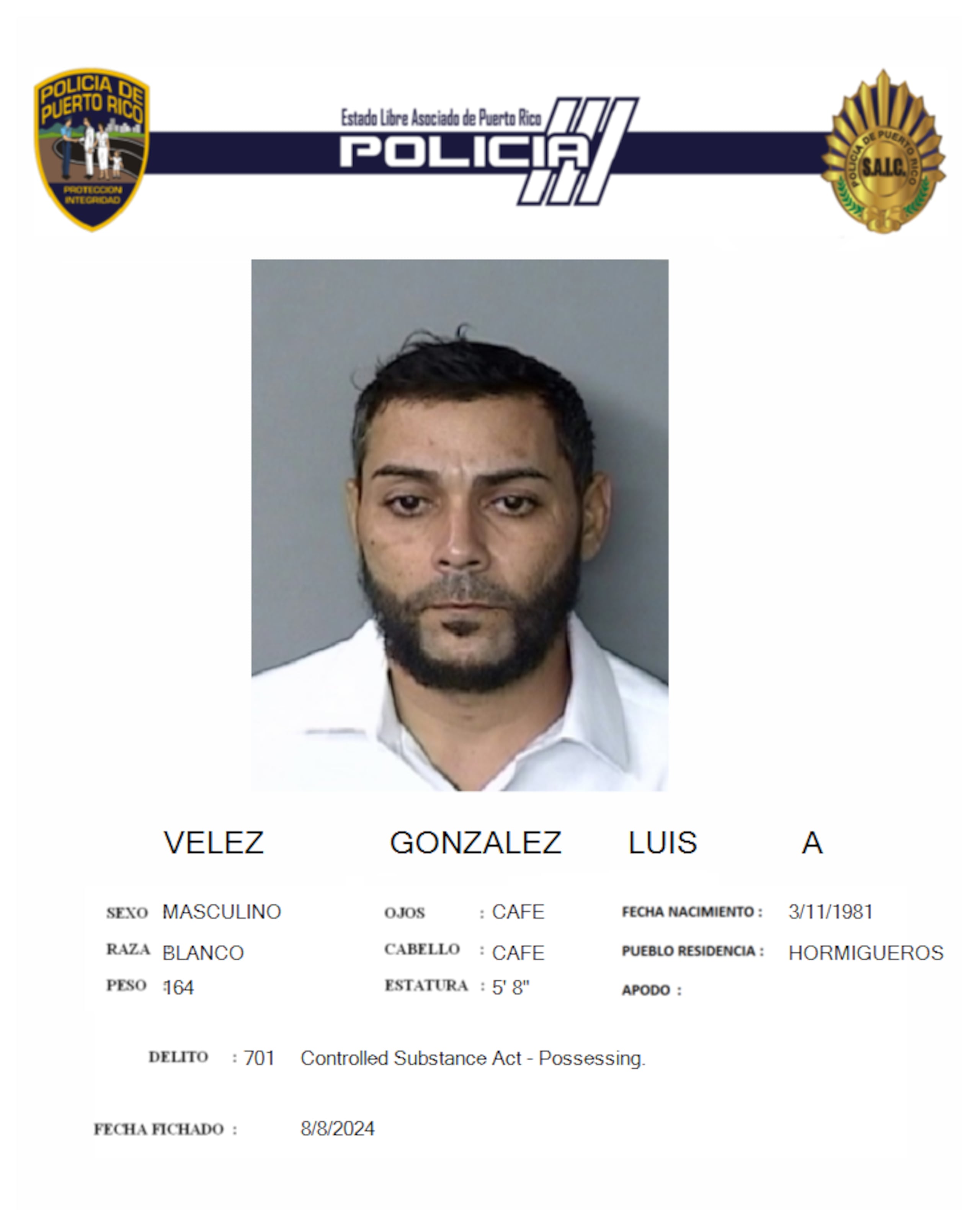 La jueza Sinia E. Pérez Correa, del Tribunal de Mayagüez, expidió una orden de arresto cpntra Luis A. Vélez González, de 43 años, con una fianza de $600,000.00, por violencia doméstica e infracción a la Ley Vehicular. Si lo ha visto llame al (787) 343-2020.