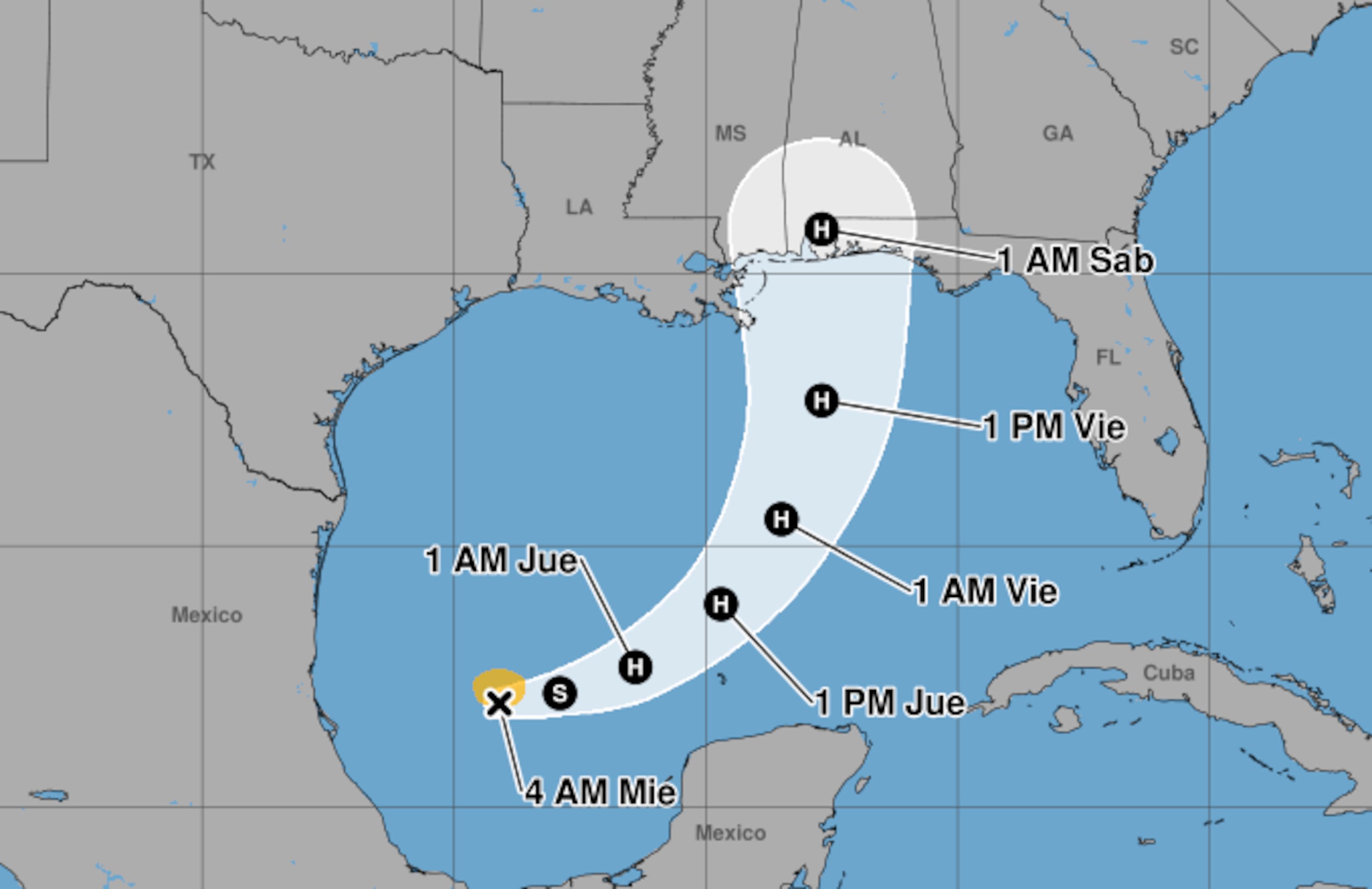 Las proyecciones iniciales del centro de huracanes indicaban que el centro de Isaías podría ingresar a tierra en algún punto entre el este de Luisiana y el oeste de la franja nororiental de Florida.