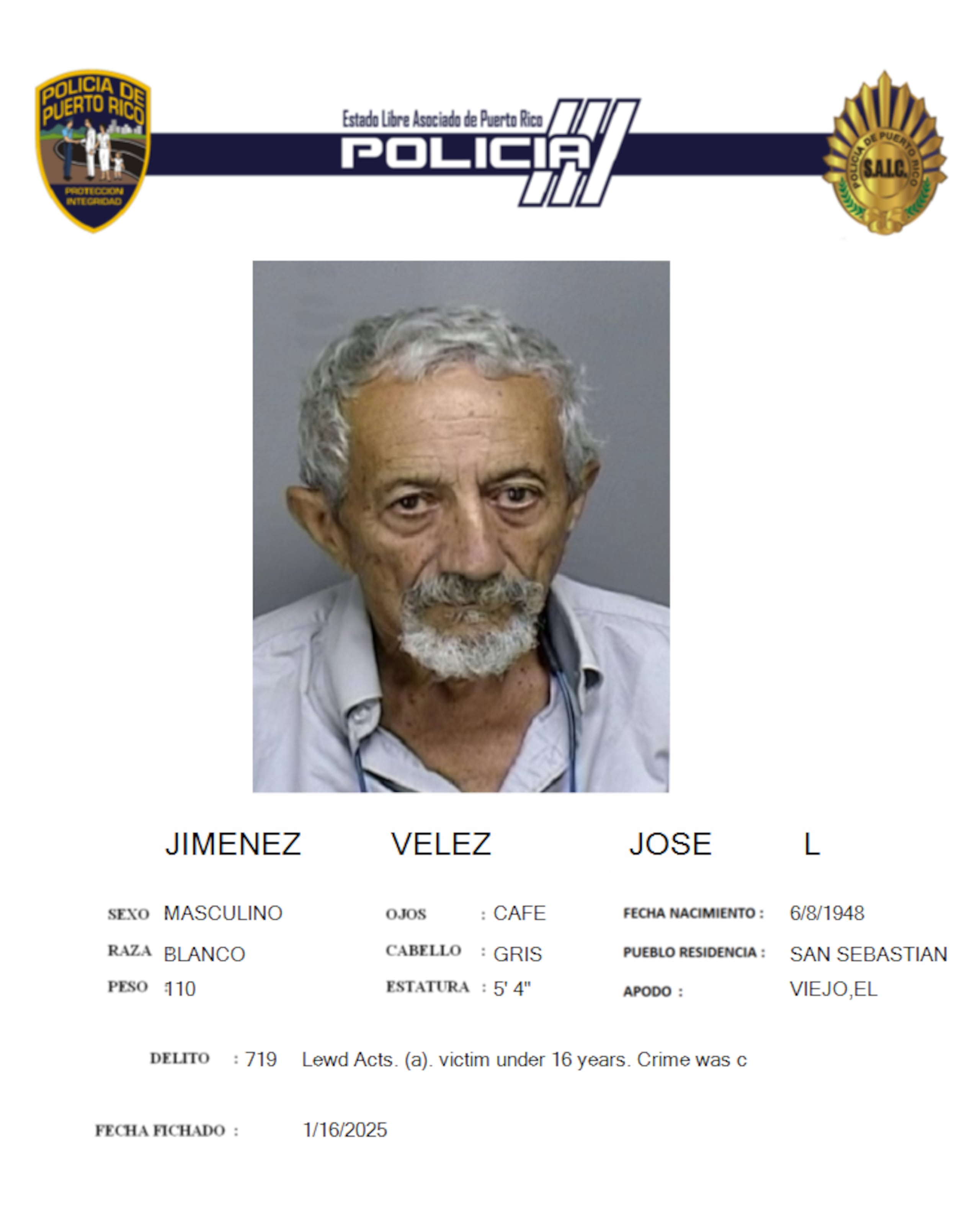 José L. Jiménez Vélez de 76 años, fue encarcelado tras ser acusado de maltrato de menores, agresión sexual y actos lascivos.