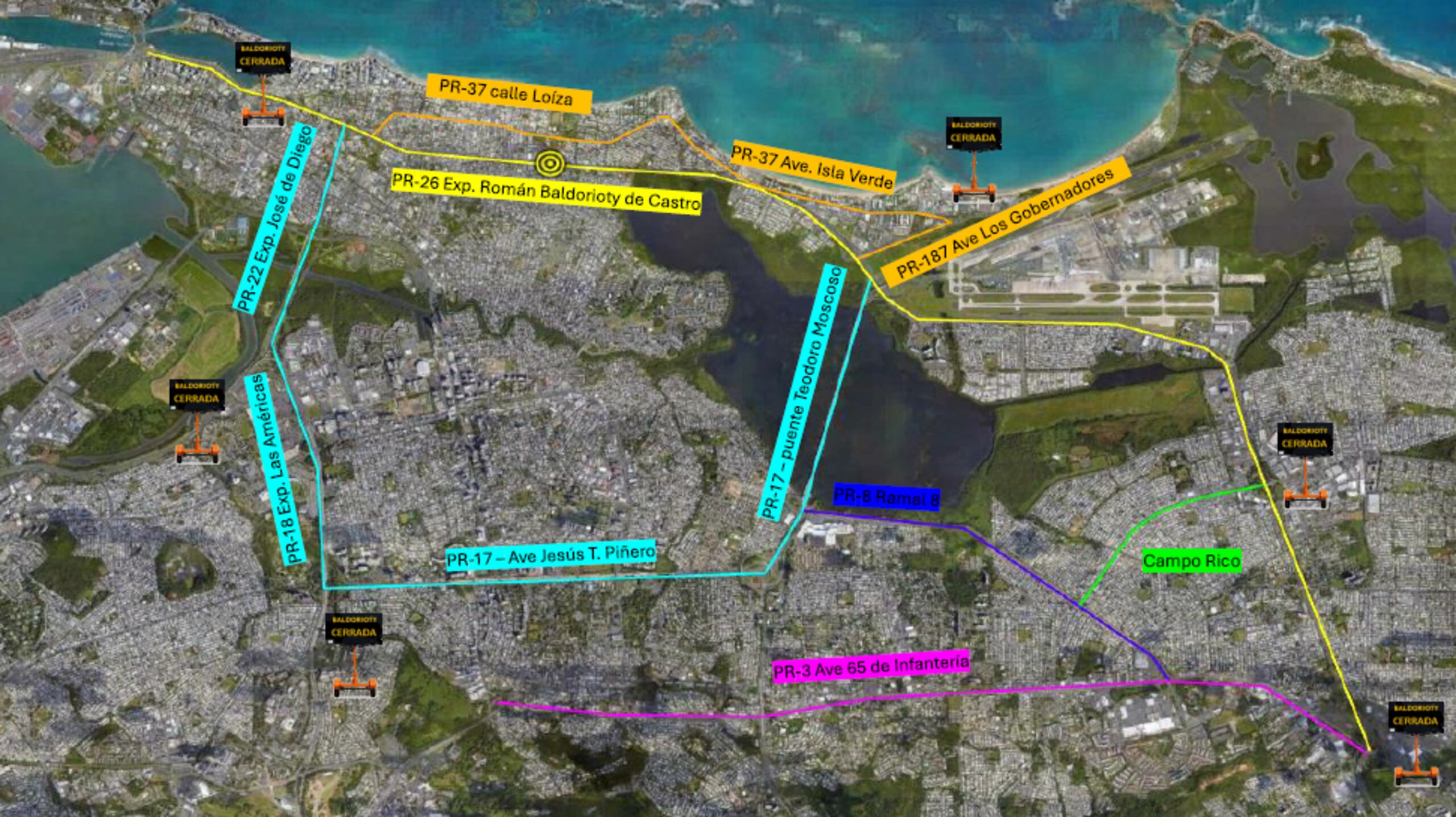 El expreso Román Baldorioty de Castro (PR-26) estará cerrado al tránsito en ambas direcciones el próximo domingo por la construcción de un nuevo puente peatonal a la altura del kilómetro 4.1, anunció hoy la Autoridad de Carreteras y Transportación.