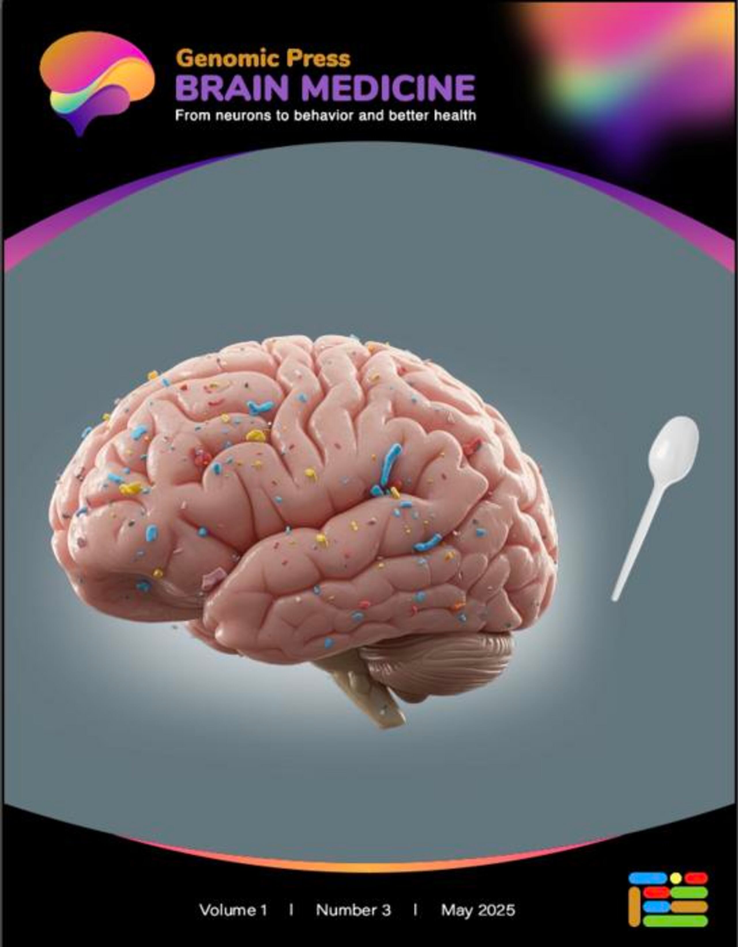 Esta imagen de portada muestra un cerebro humano con coloridas partículas de microplásticos esparcidas por su superficie, yuxtapuestas a una cuchara de plástico blanco como representación visual. Fotografía facilitada por Genomic Press.