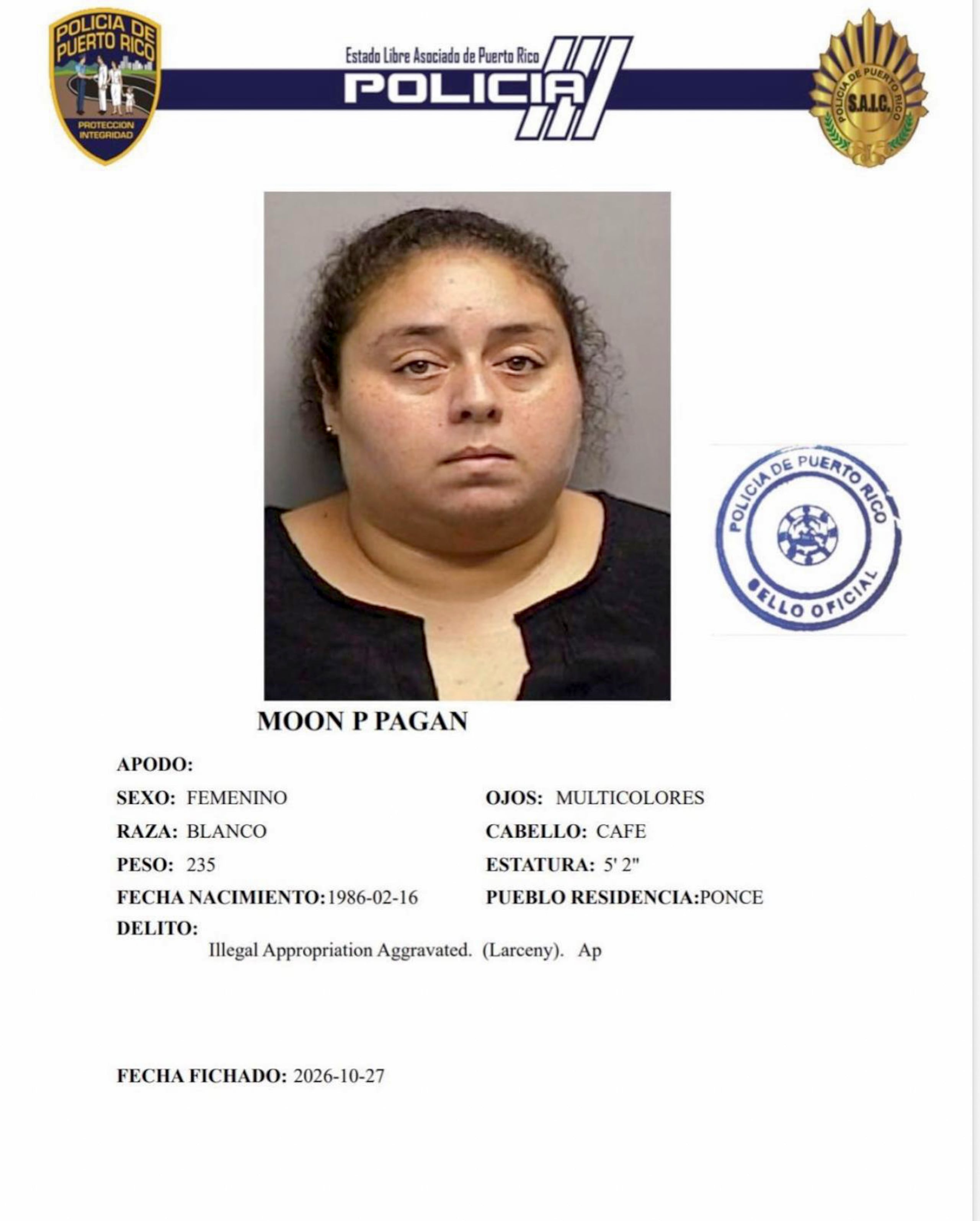 Moon P. Pagán, enfrenta un cargo de apropiación ilegal de una tarjeta de débito de una persona fallecida.