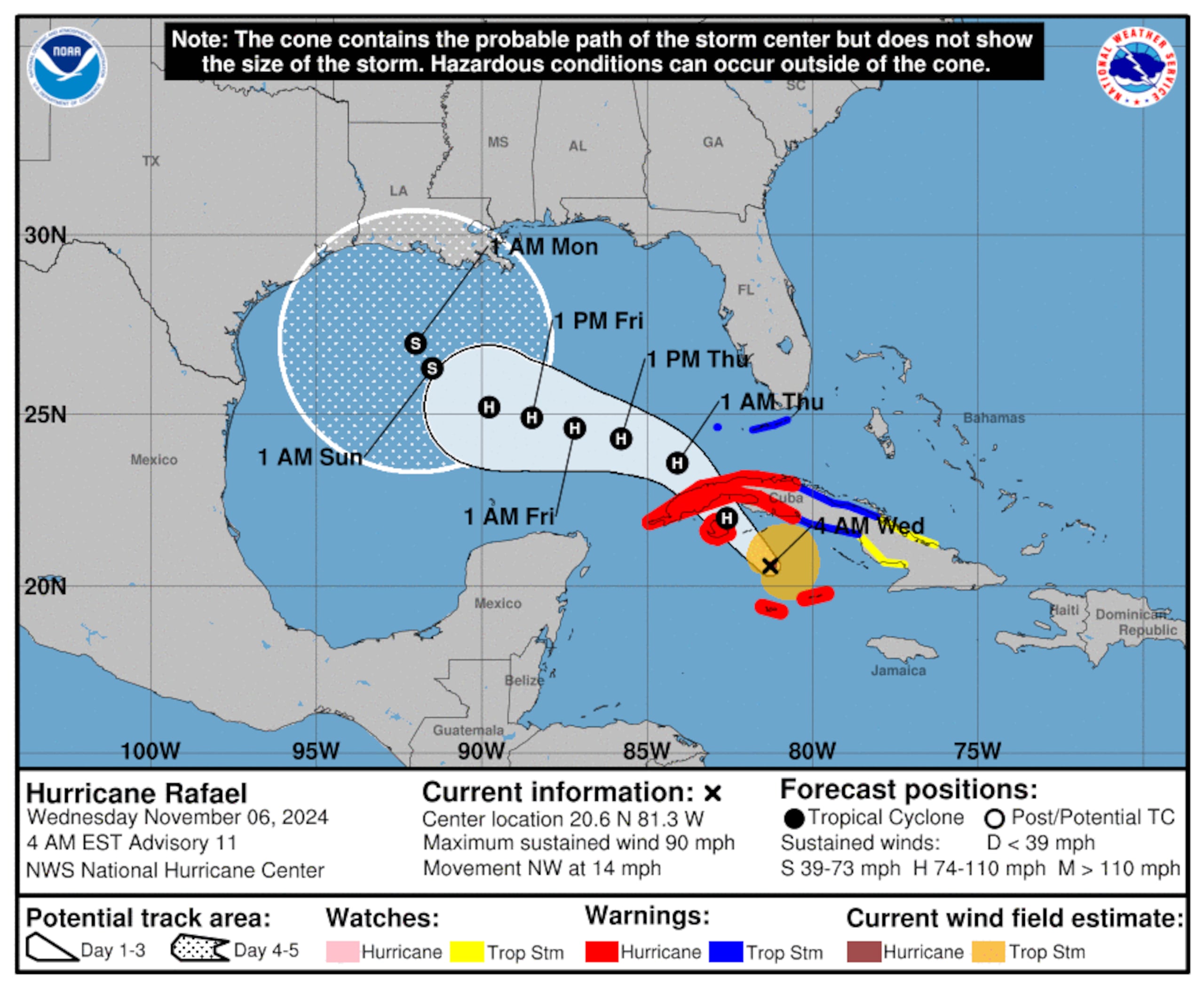 Pronóstico del huracán Rafael emitido por el Centro Nacional de Huracanes el 6 de noviembre de 2024.