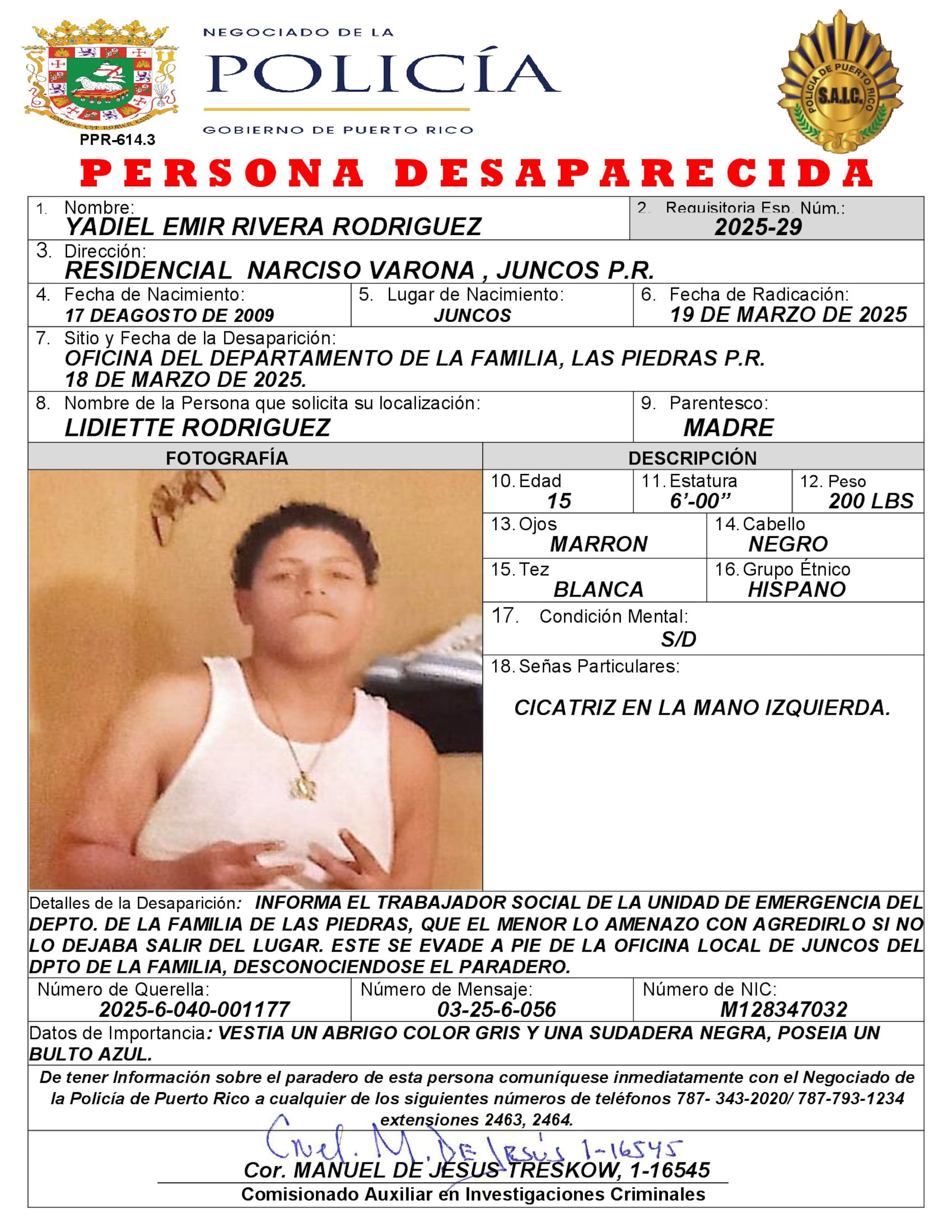 Requisitoria especial para Yadiel Emir Rivera Rodríguez