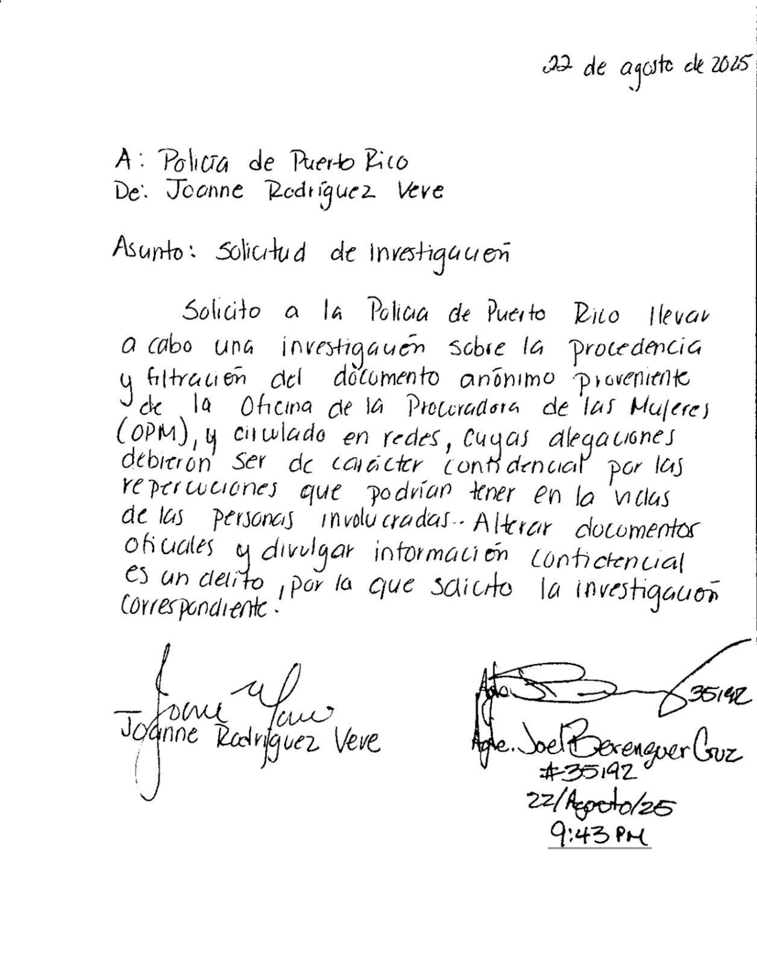 Carta de la senadora Joanne Rodríguez Veve a la Policía de Puerto Rico.