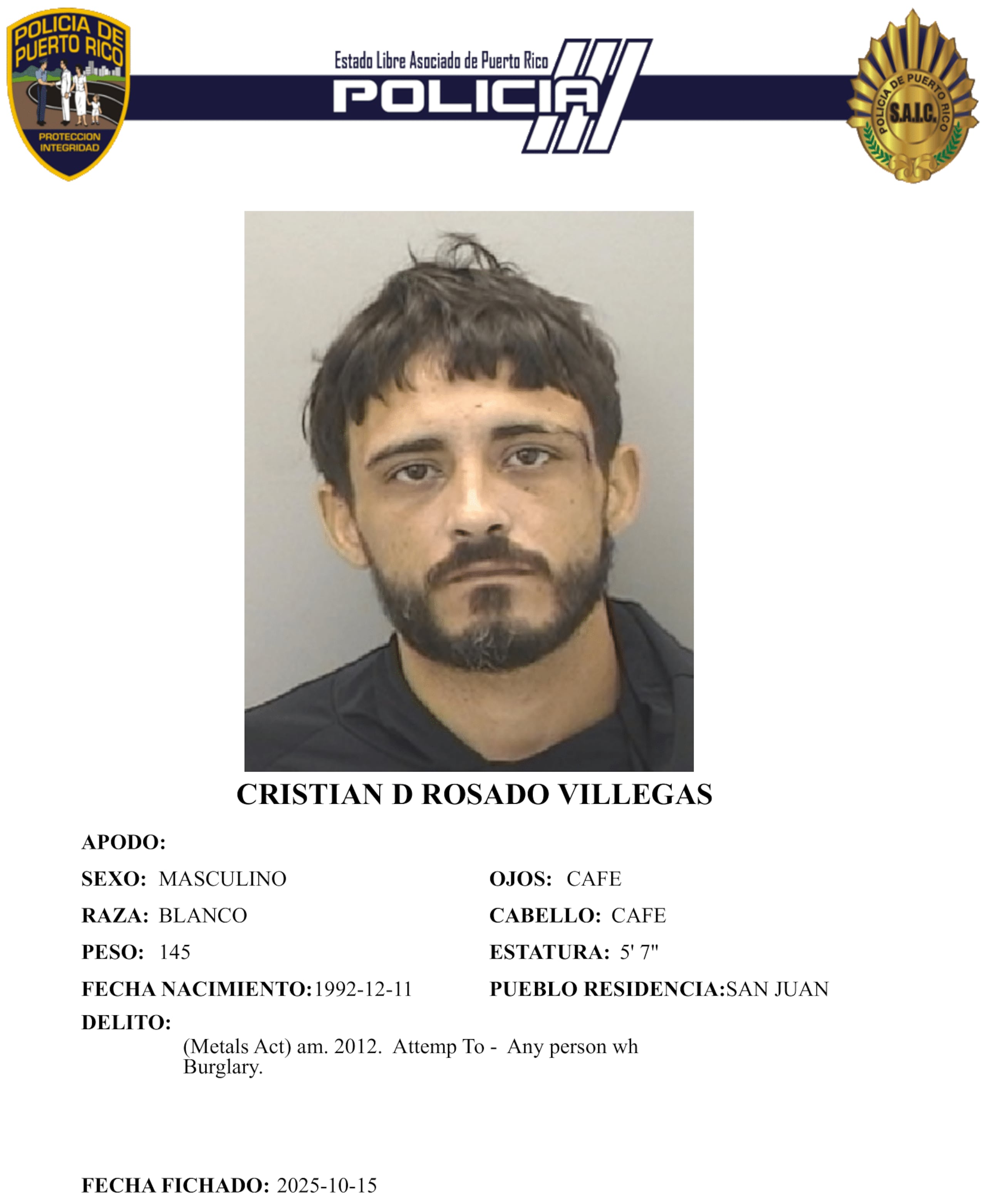 Ficha policíaca del imputado, Cristian D. Rosado Villegas, de 32 años y vecino de San Juan.