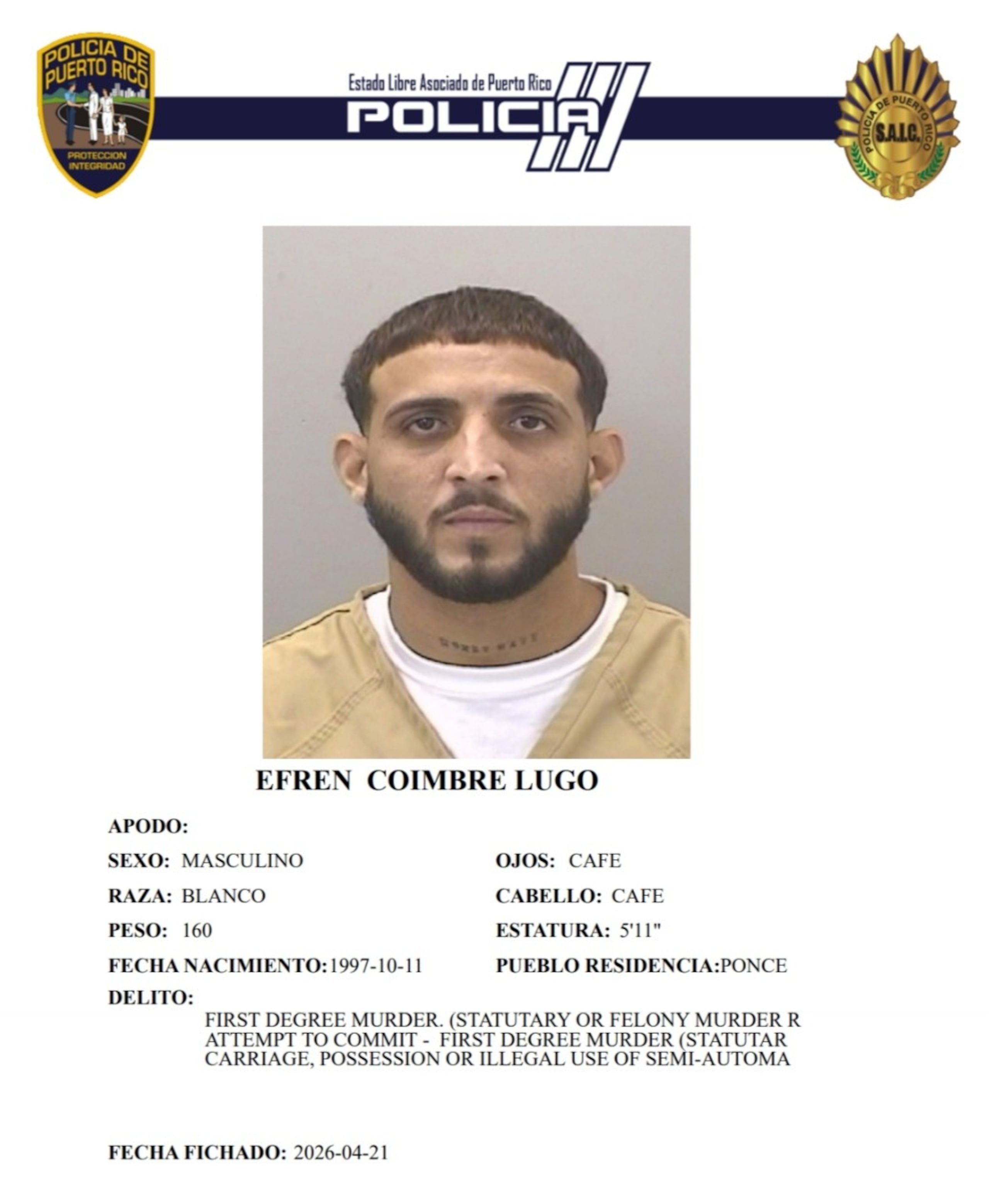 Efraín Coimbre Lugo, enfrenta cargos criminales estatales por el asesinato de un agente de la División de Drogas de Ponce, el 10 de abril.