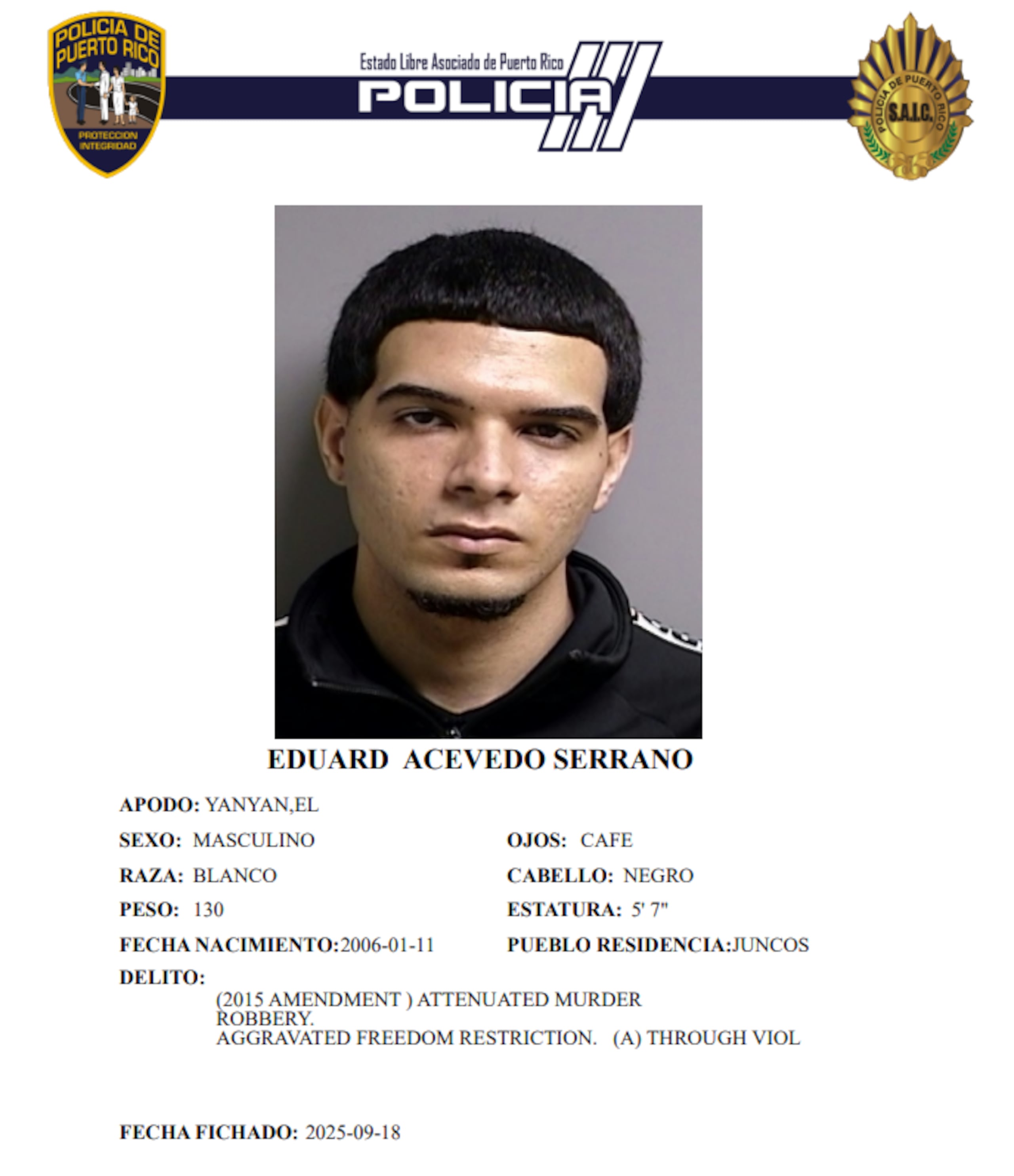 Ficha policíaca del tercer implicado, Eduard Acevedo Serrano, de 19 años.