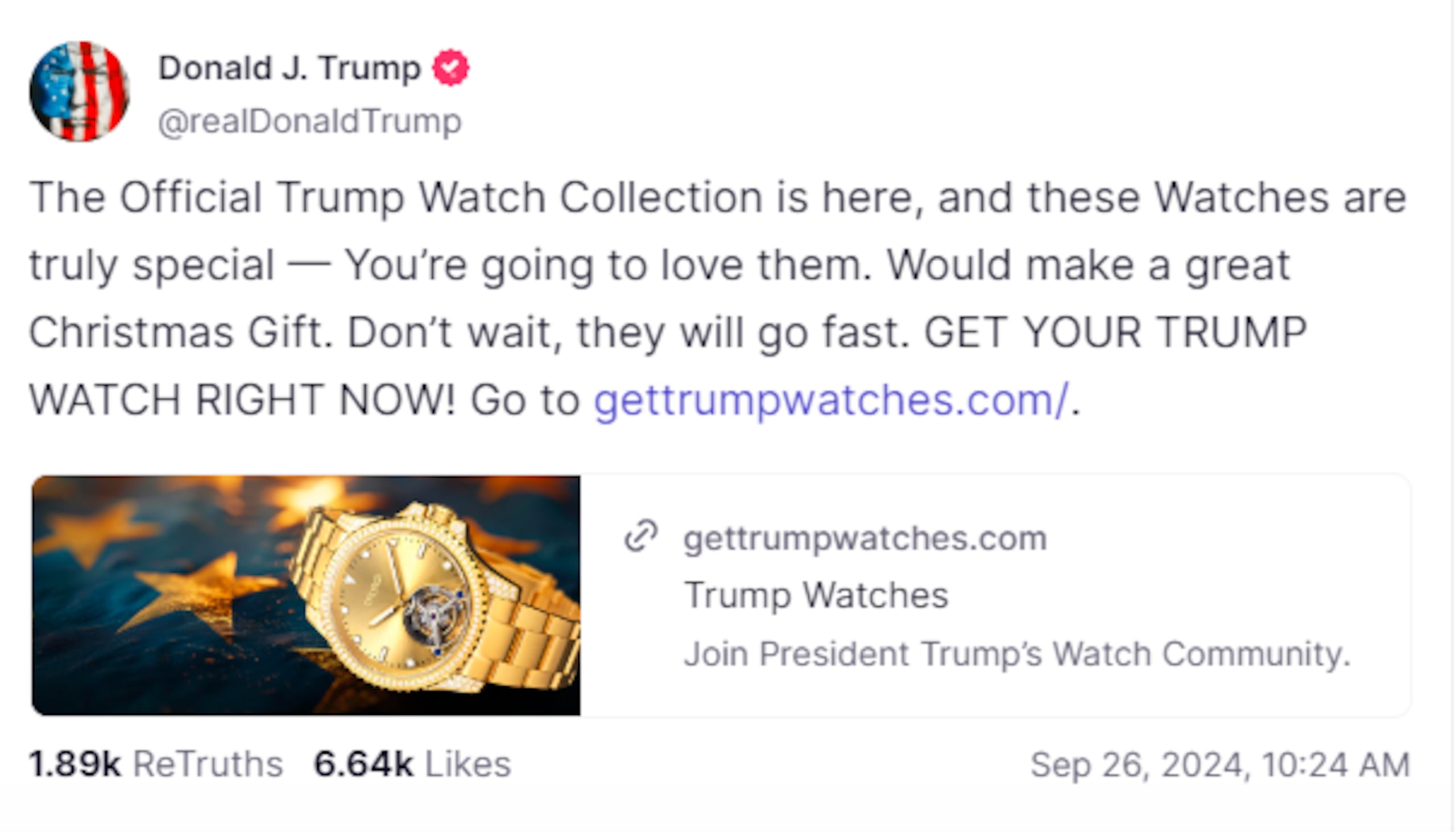 Publicación de Donald Trump promocionando sus relojes en la red social Truth Social.