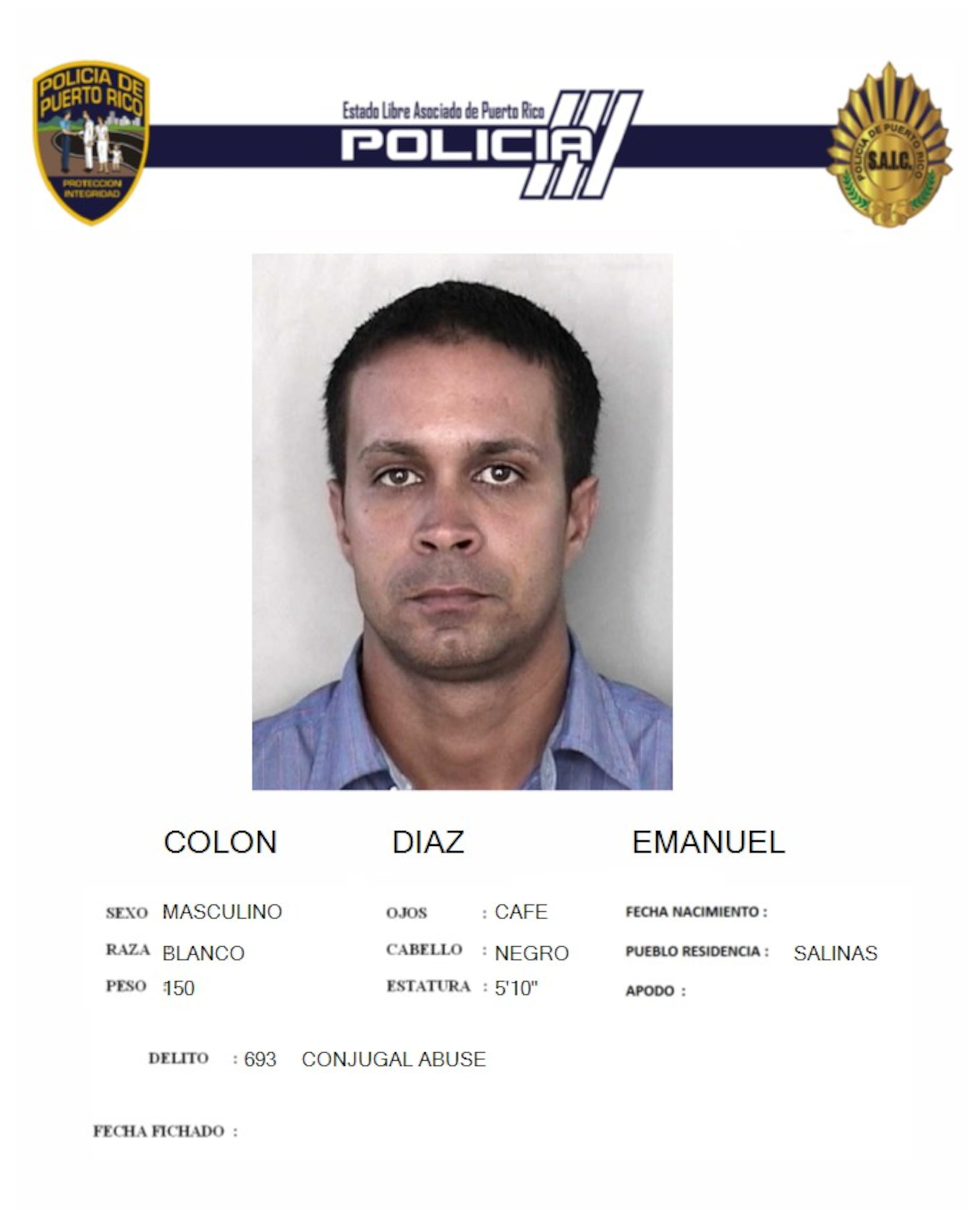 Ficha policíaca de Emanuel Colón Díaz.