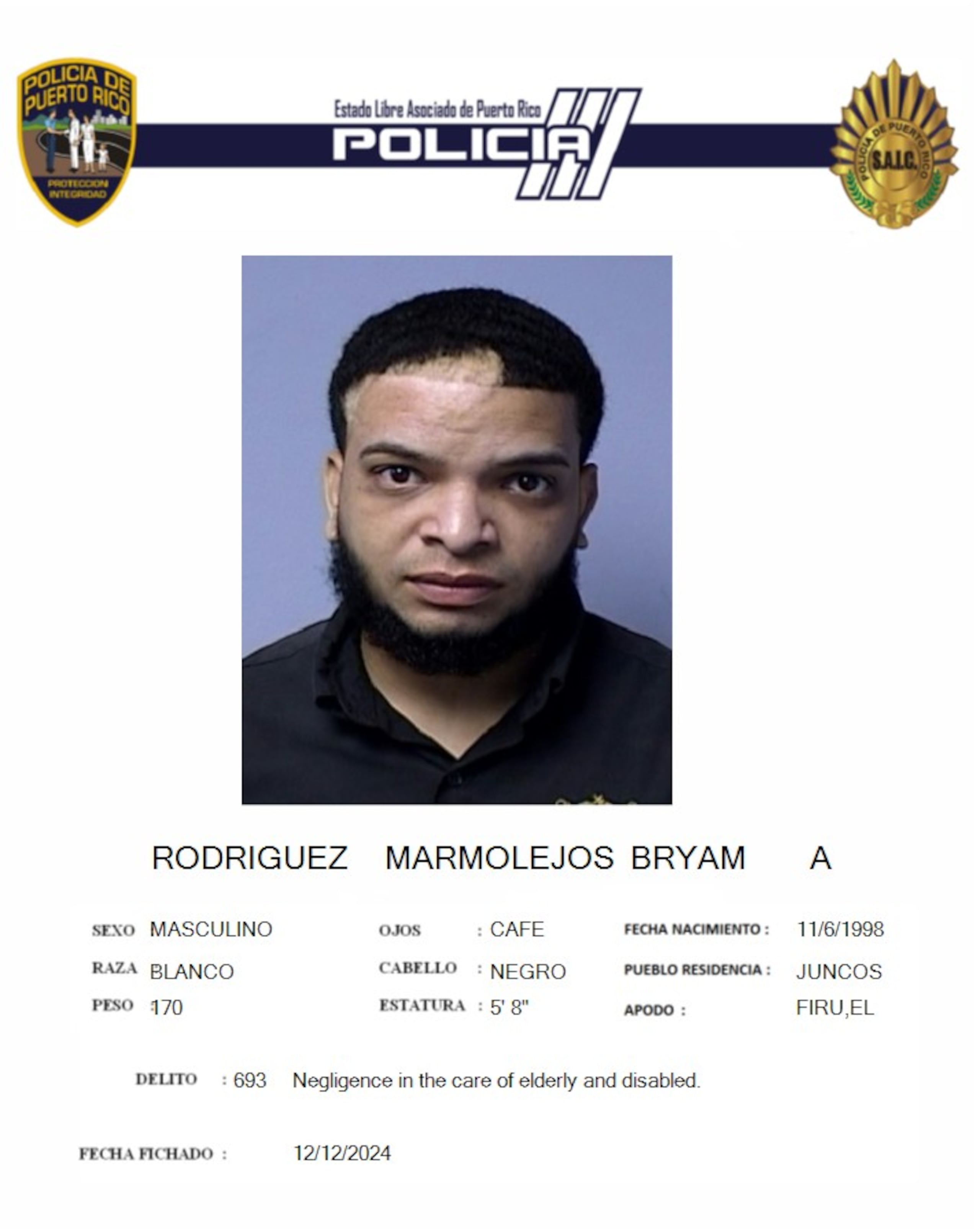 Bryam A. Rodríguez Marmolejos, enfrenta un cargo por maltrato a una persona de edad avanzada.