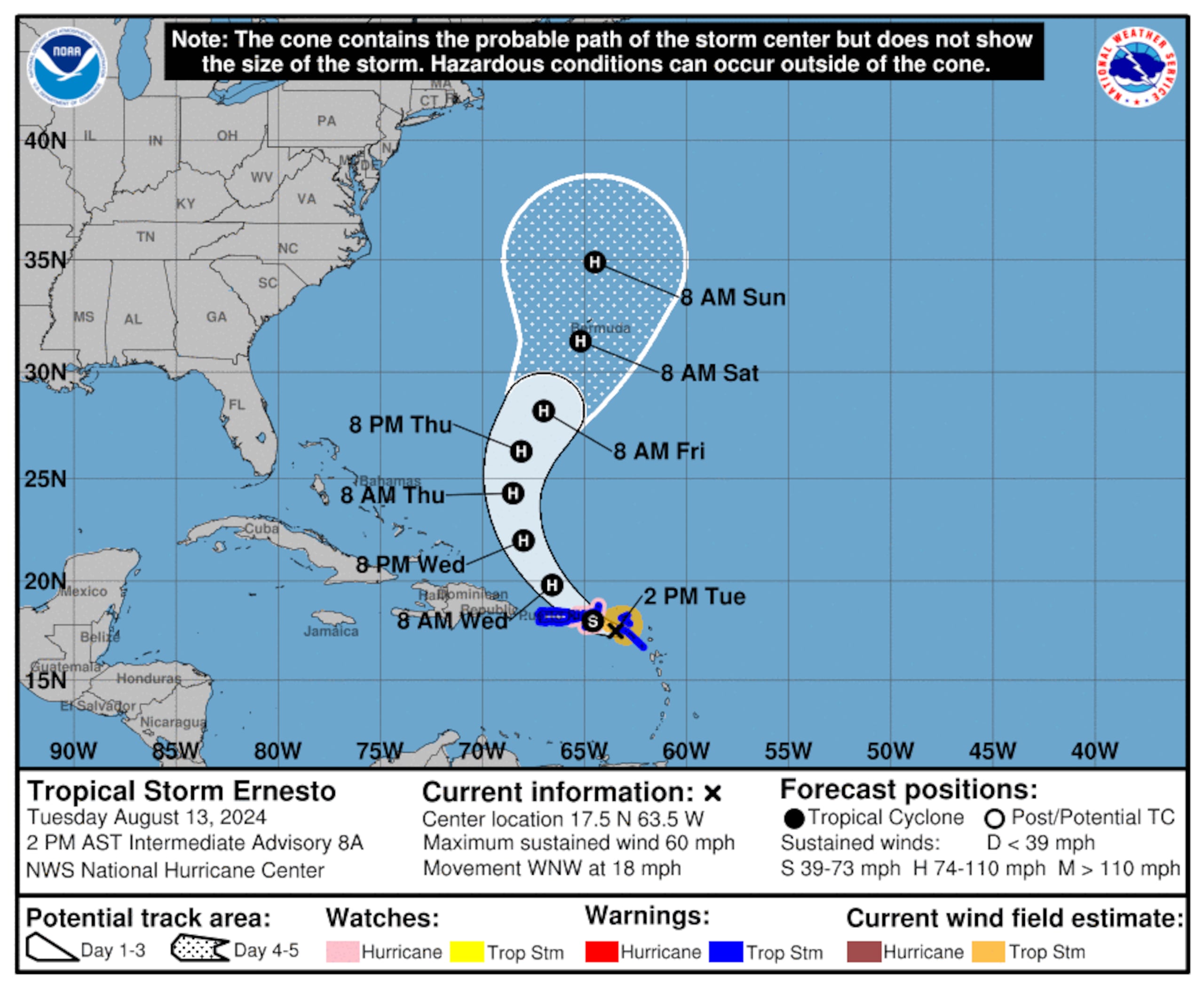 Boletín intermedio de las 2:00 de la tarde sobre la tormenta tropical Ernesto, emitido por el Centro Nacional de Huracanes en Miami.