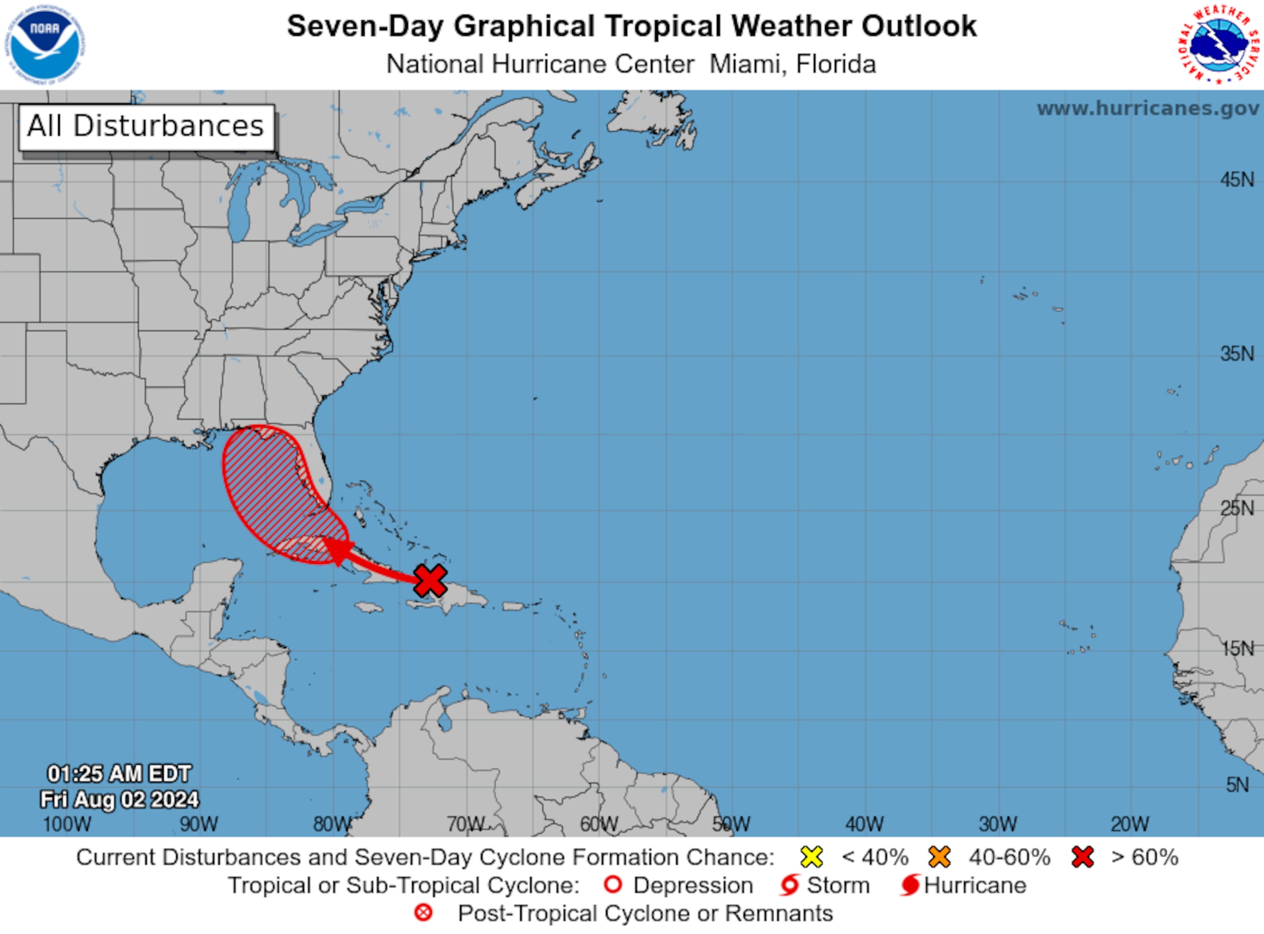 A las 2:00 de la madrugada, la onda tropical tenía 50% de probabilidad de desarrollo ciclónico en 48 horas y 80% en los próximos siete días.