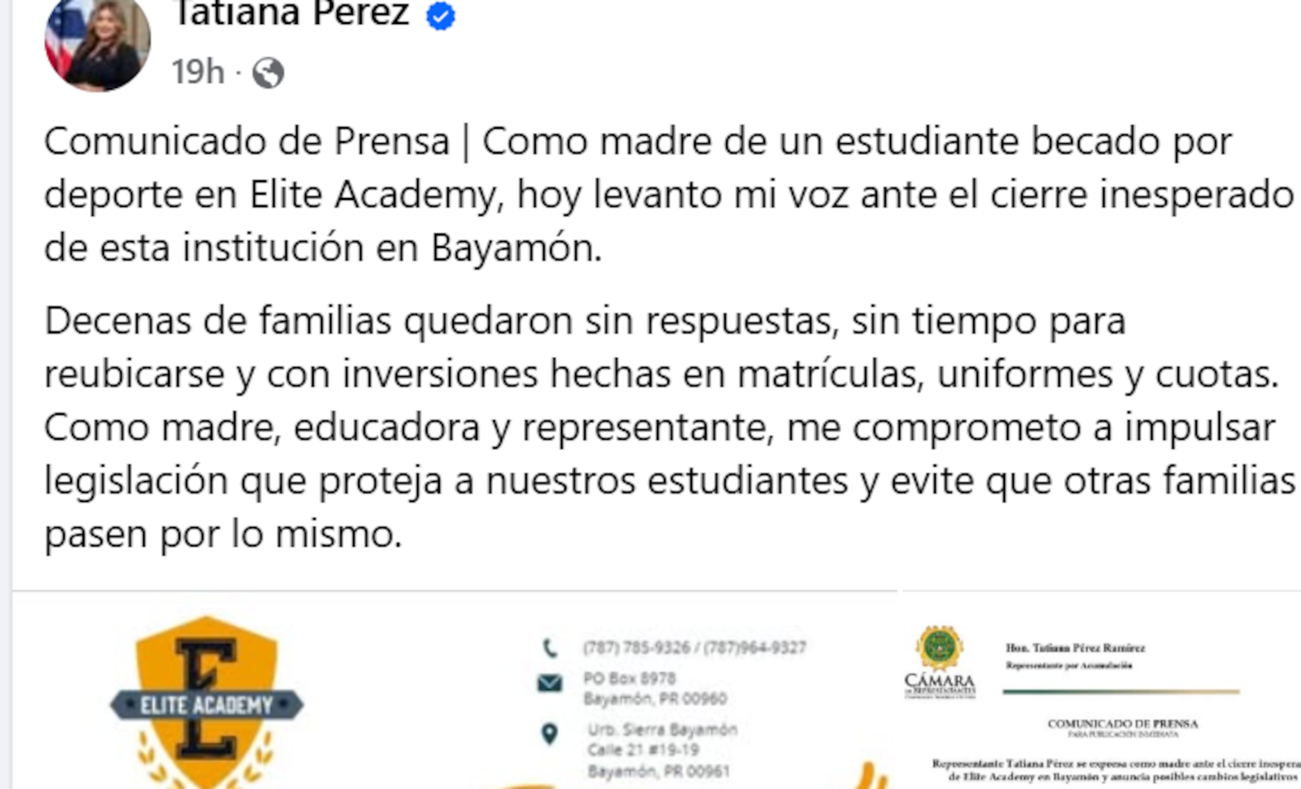 Representante Tatiana Pérez sobre cierre de Elite Academy