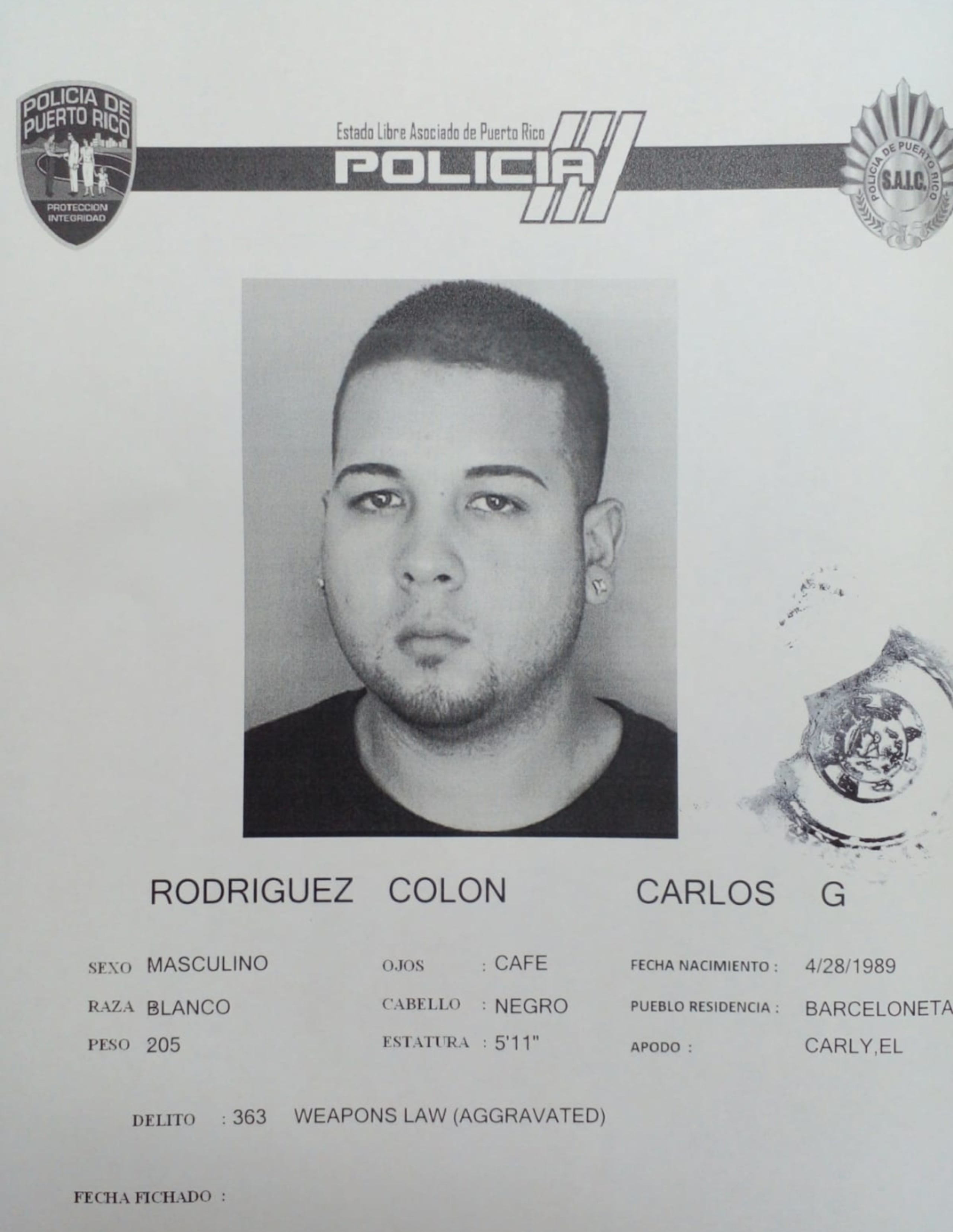 Ficha policiaca del propietario de Magueyes Auto Design en Barceloneta, identificado como Carlos G. Rodríguez Colón, asesinado en Manatí.