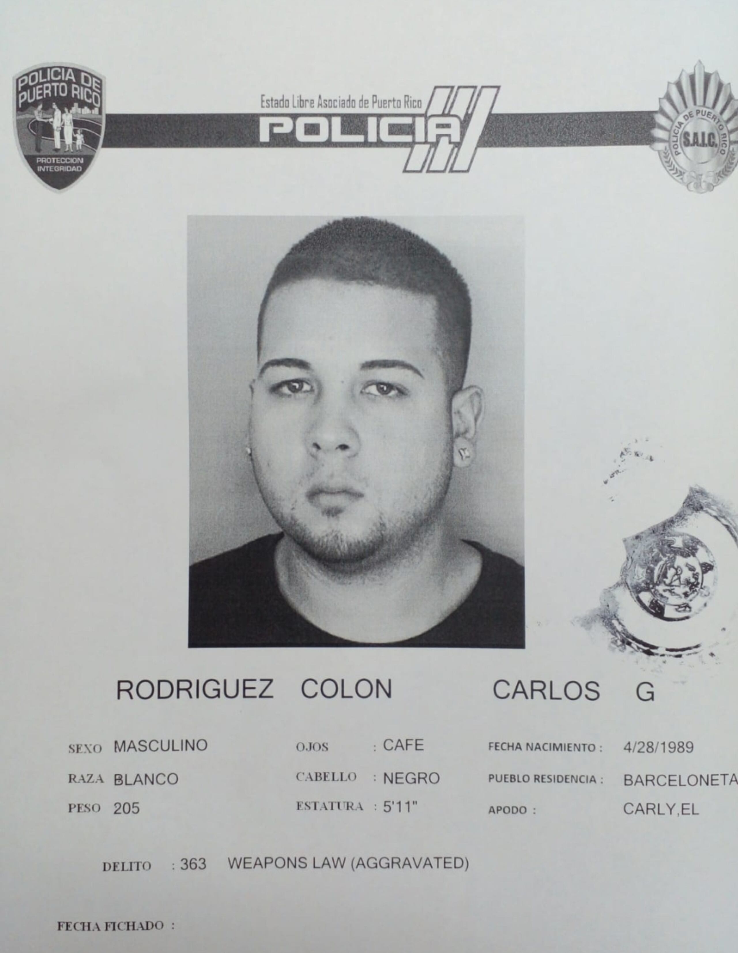 Ficha policiaca del propietario de Magueyes Auto Design en Barceloneta, identificado como Carlos G. Rodríguez Colón, asesinado en Manatí.