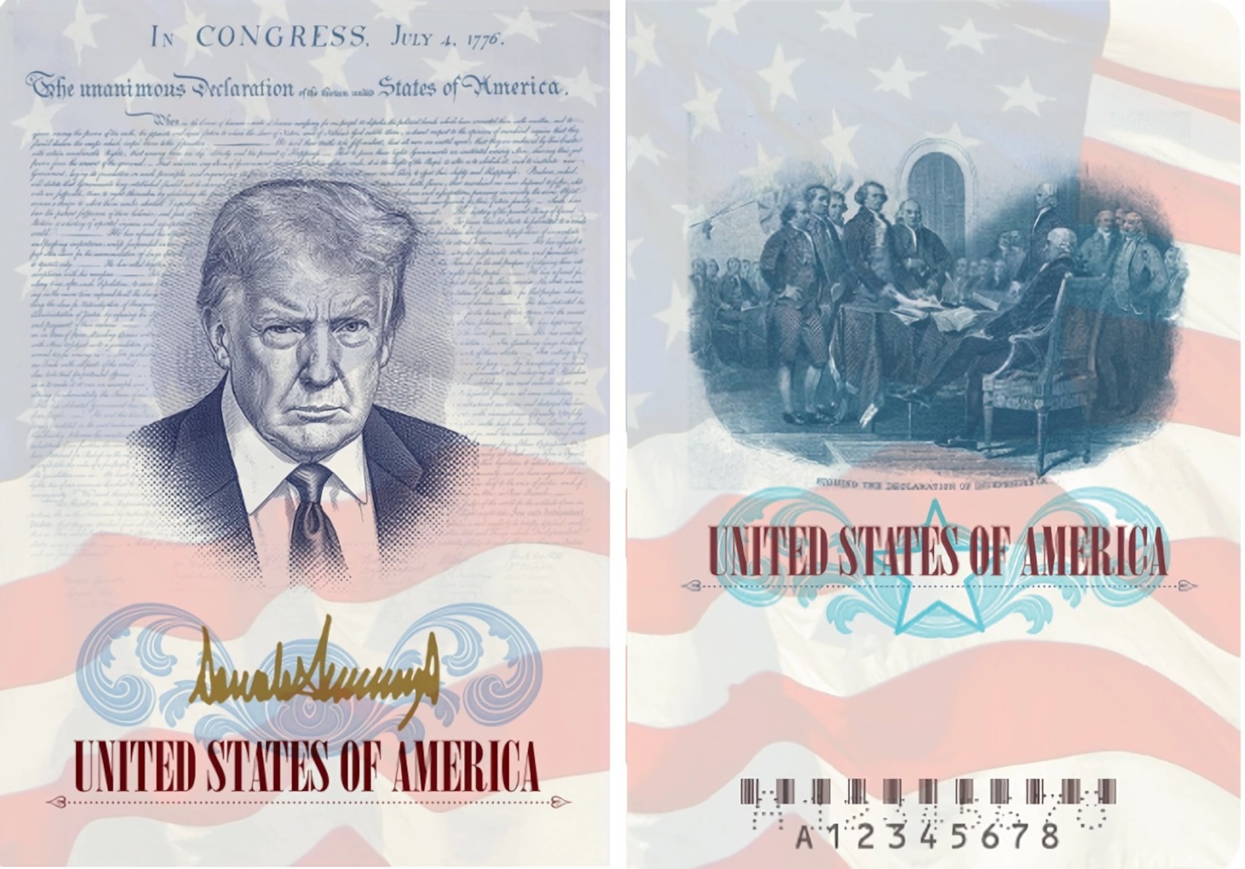 Fotografía divulgada por el Departamento de Estado de Estados Unidos que muestra dos páginas de un pasaporte, en una aparece el rostro del presidente Donald Trump enmarcado por la Declaración de Independencia y la bandera estadounidense, junto con su firma en color dorado; y en la otra página muestra a los Padres Fundadores firmando la declaración. EFE/ Departamento de Estado EEUU /SOLO USO EDITORIAL/ NO VENTAS/ SOLO DISPONIBLE PARA ILUSTRAR LA NOTICIA QUE ACOMPAÑA (CRÉDITO OBLIGATORIO)