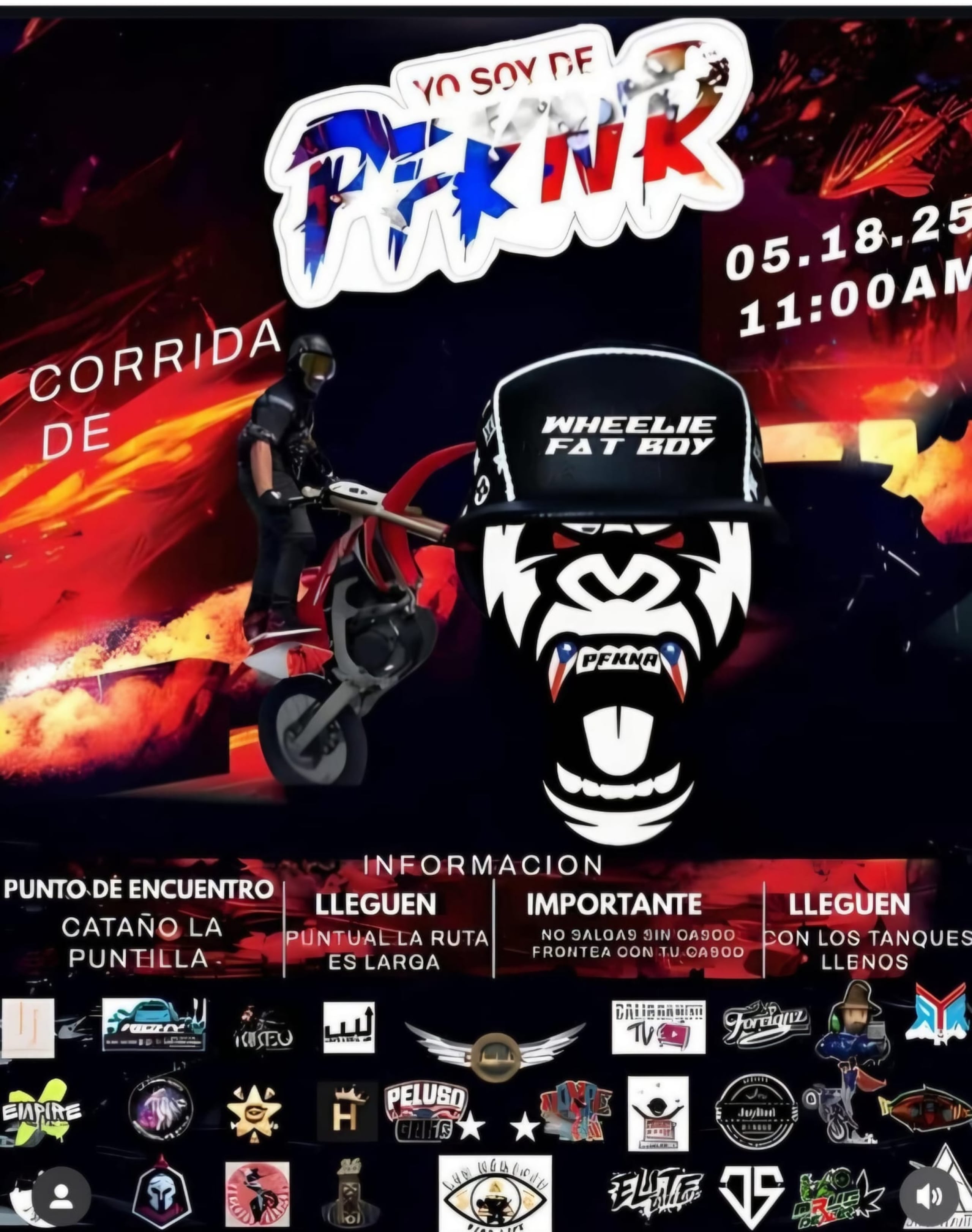 Afiche de la convocatoria a la corrida de motoras y otros vehículo este domingo 18 de mayo, en Cataño, que culminó con 12 arrestados.