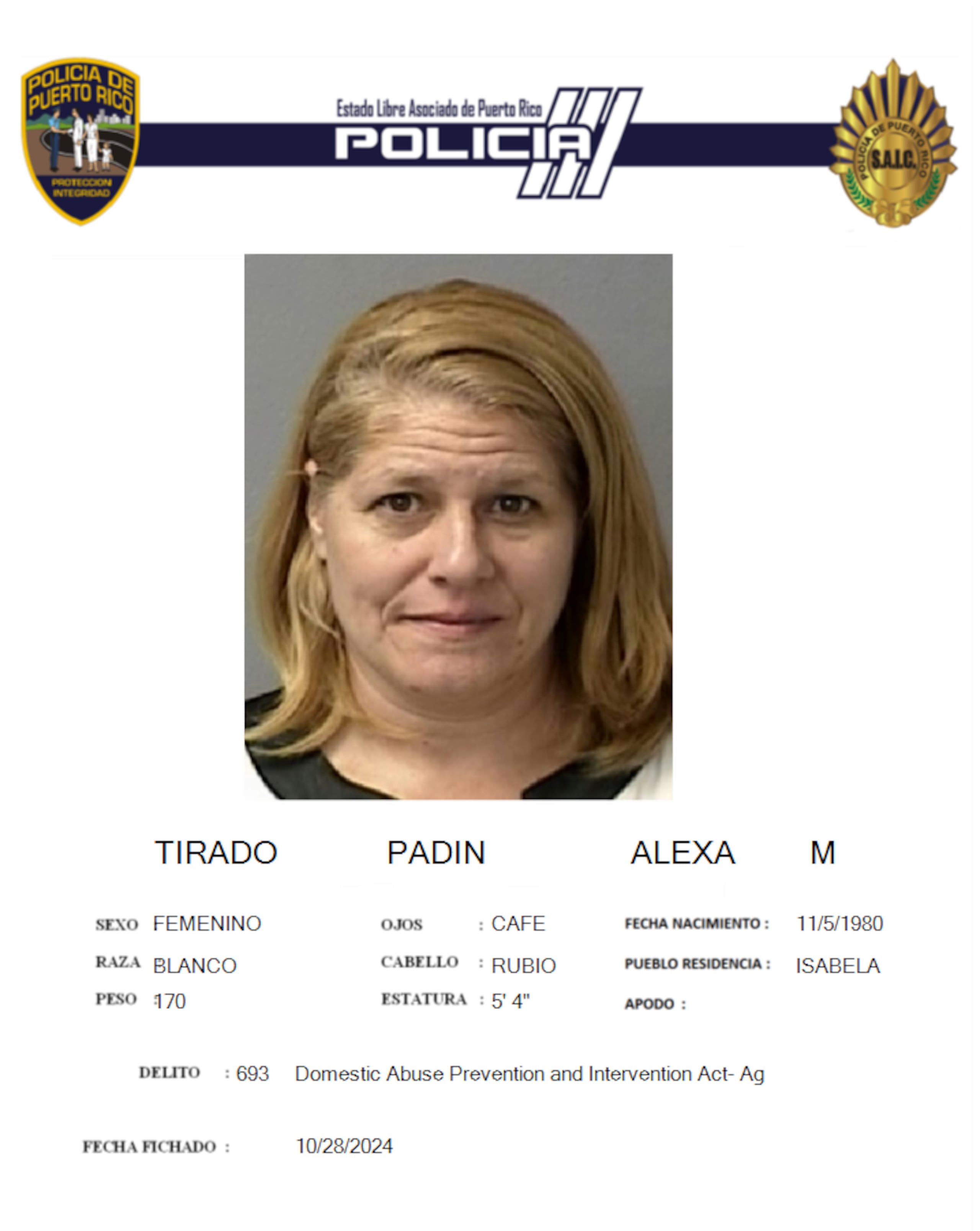 Alexa M. Tirado Padín, enfrenta cargos por violencia doméstica.