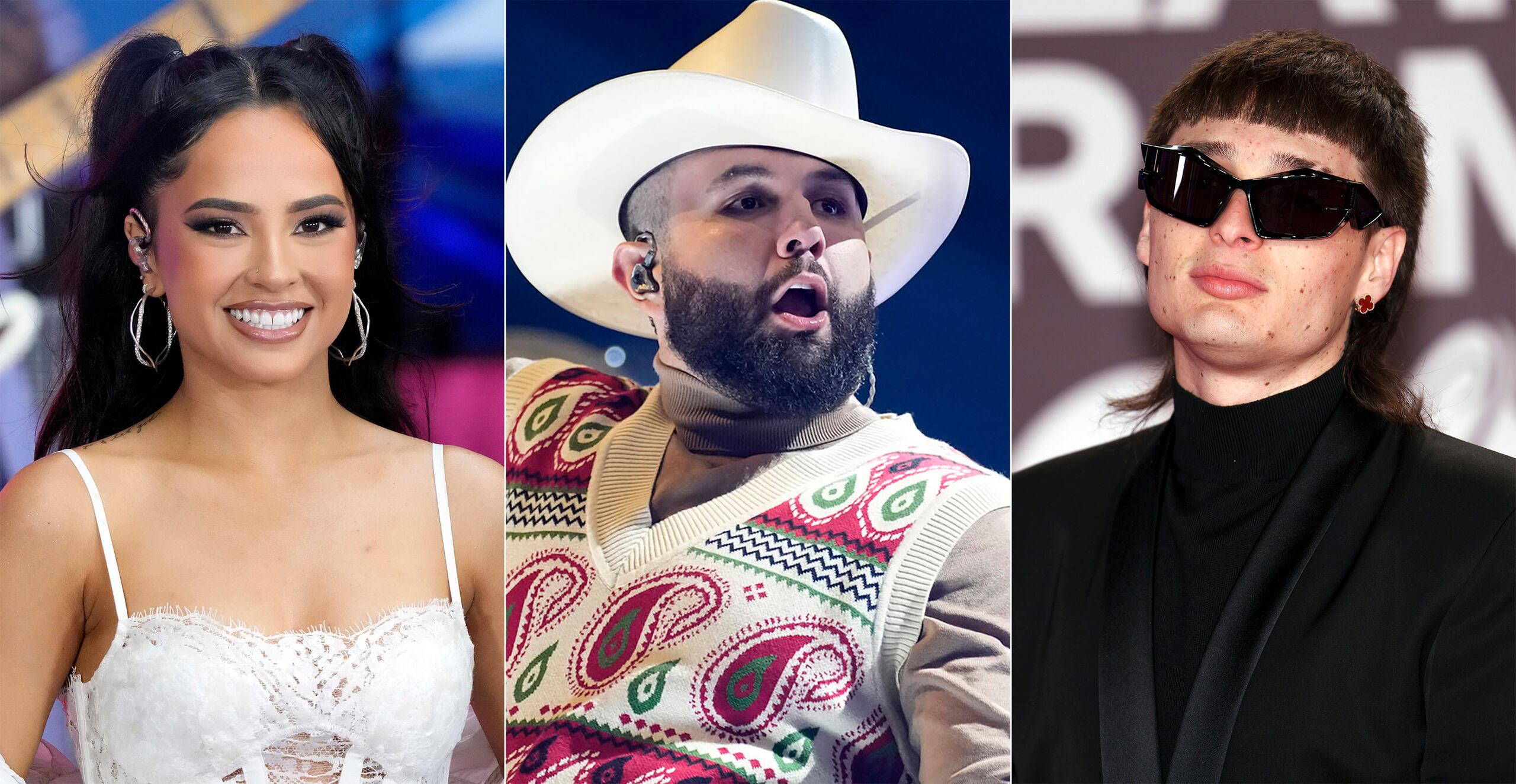 En esta combinación de fotografías, Becky G, Carín León y Peso Pluma