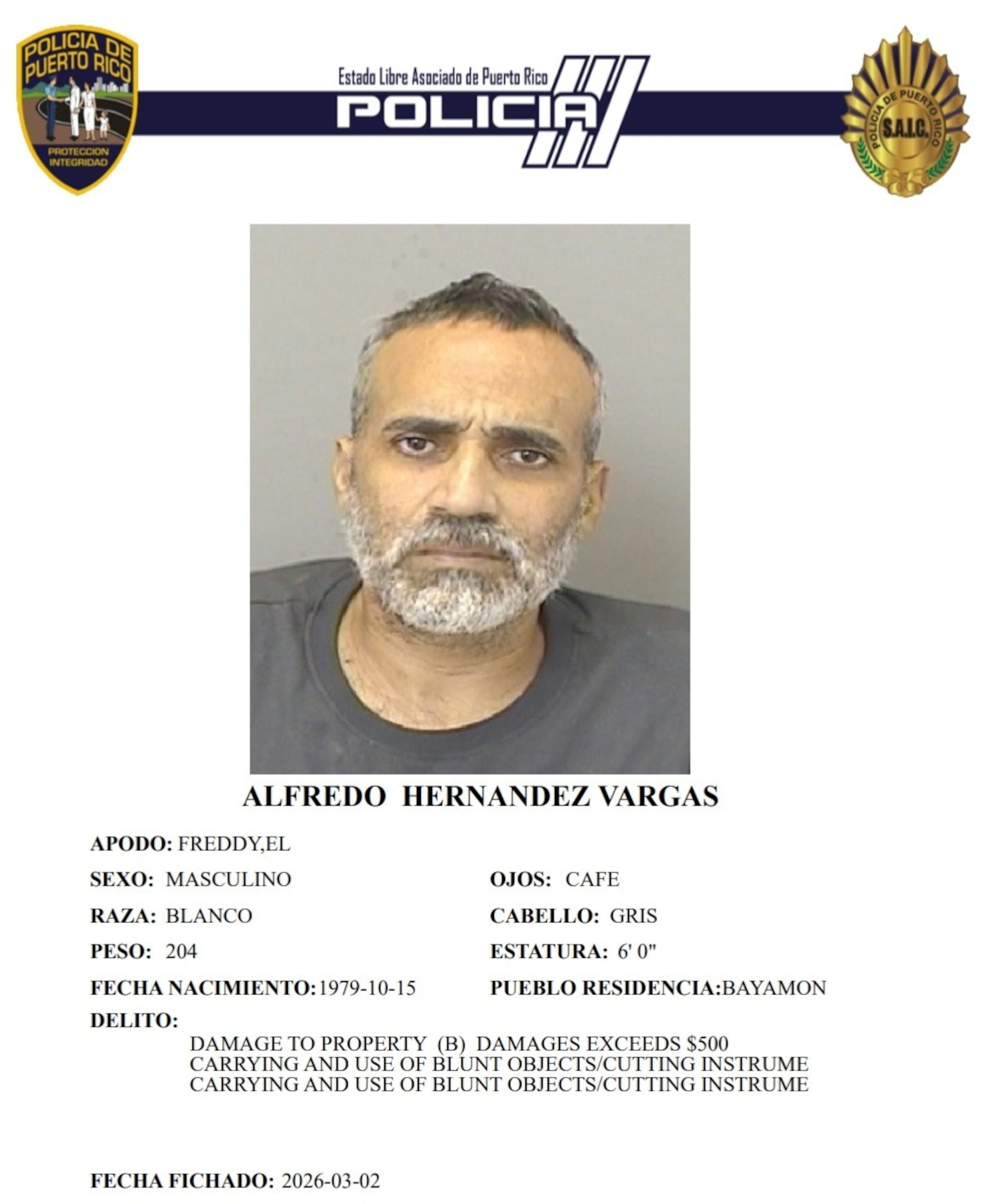 Alfredo Hernández Vargas, enfrenta cargos por de tentativa de asesinato a un agente al que hirió en el rostro con un machete, violación a la Ley de Armas y daños agravados.