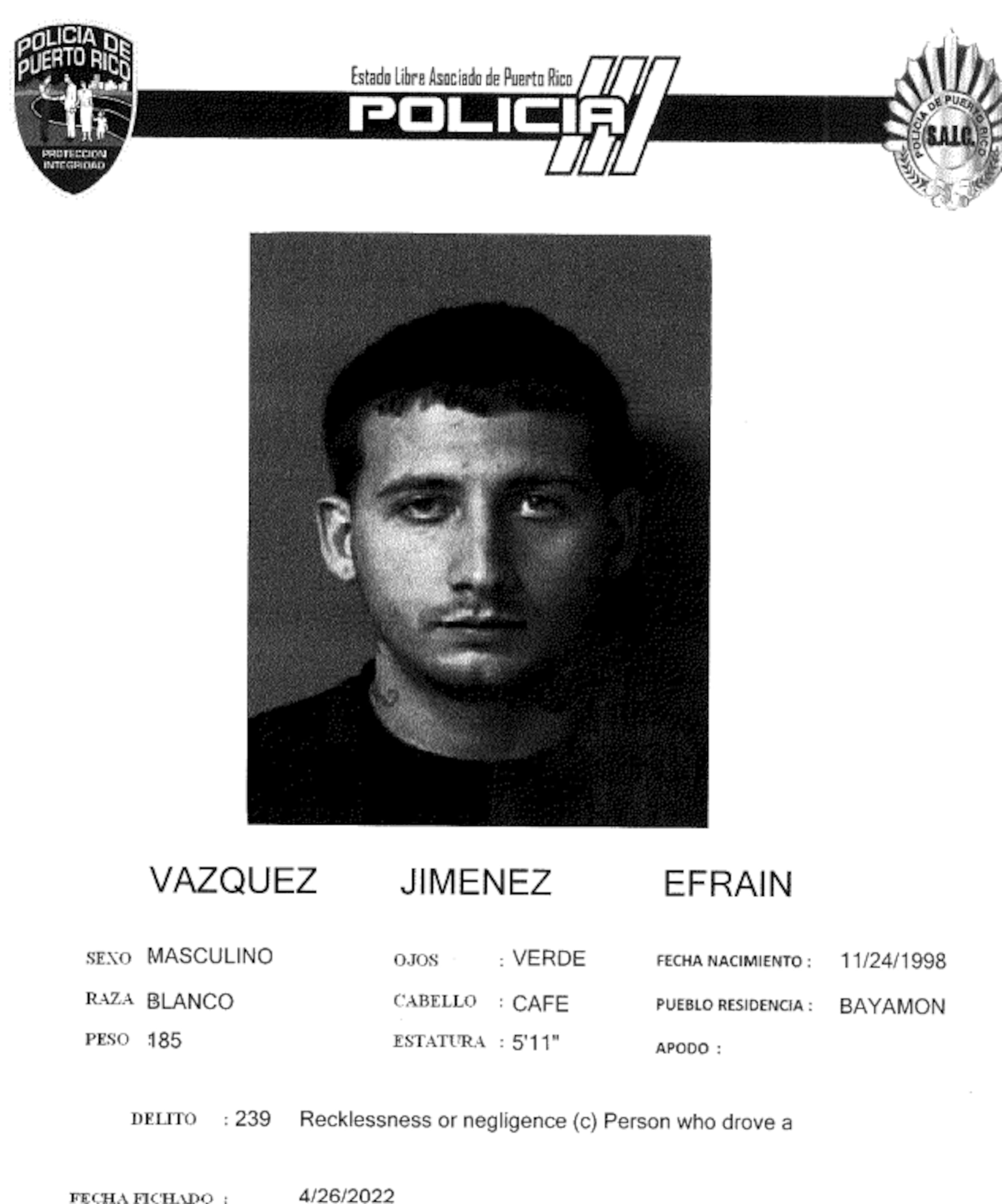 Ficha policiaca de Efraín Vázquez Jiménez.