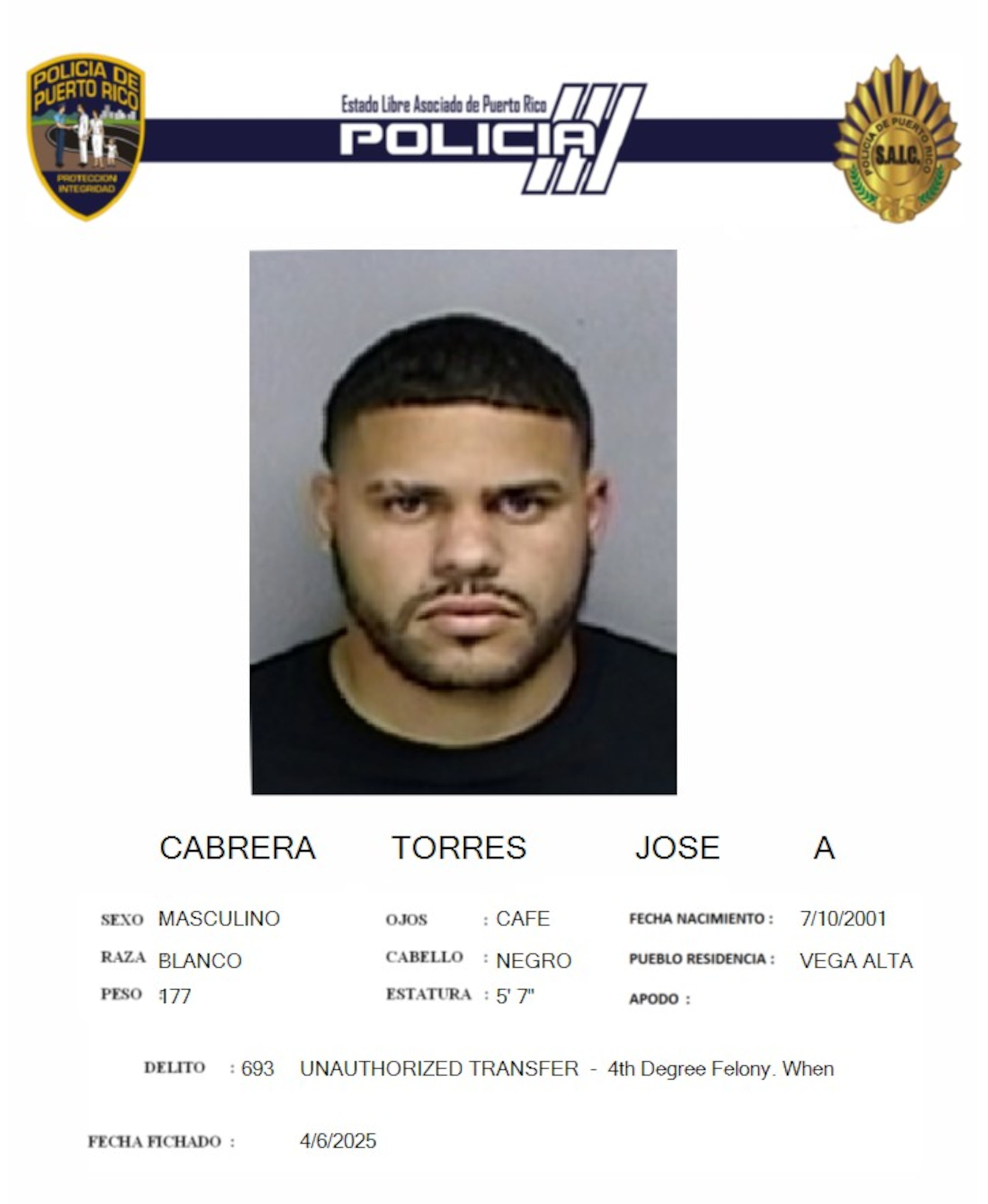 José A. Cabrera Torres, enfrenta cargos criminales por el contrabando de dos teléfonos celulares a una institución penal y la posesión e introducción de objetos a una cárcel,