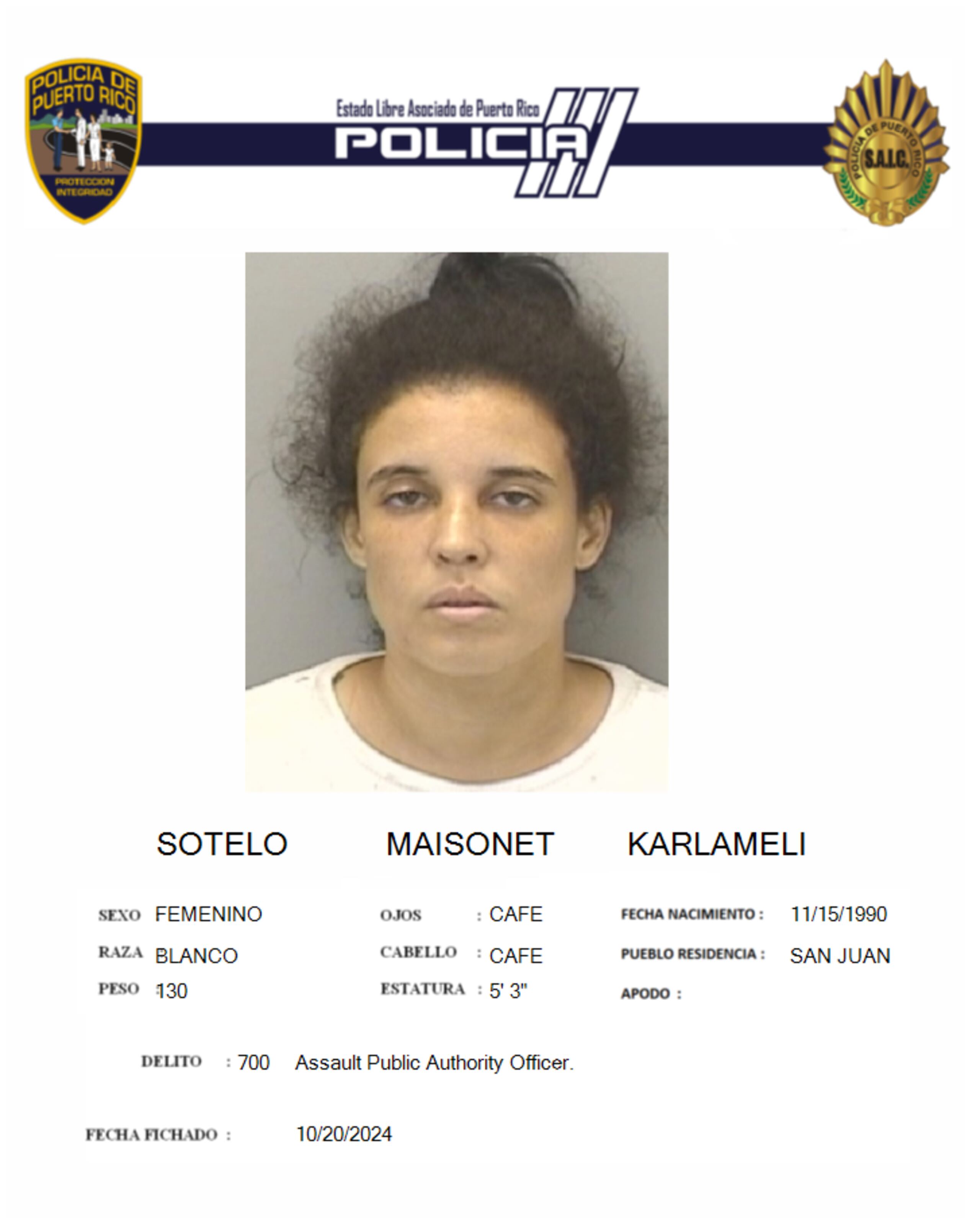 Karlameli Sotelo Maisonet, enfrenta cargos por agresión grave y empleo de violencia o intimidación contra la autoridad pública.