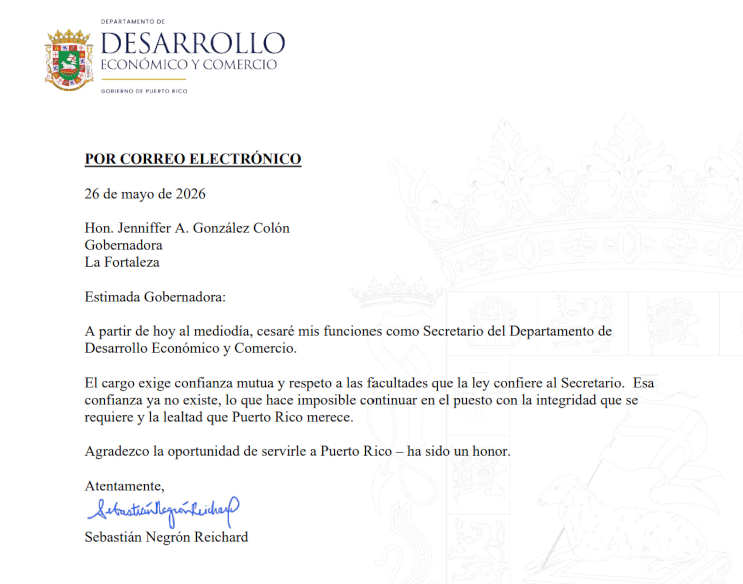 Carta de renuncia de Sebastián Negrón Reichard.