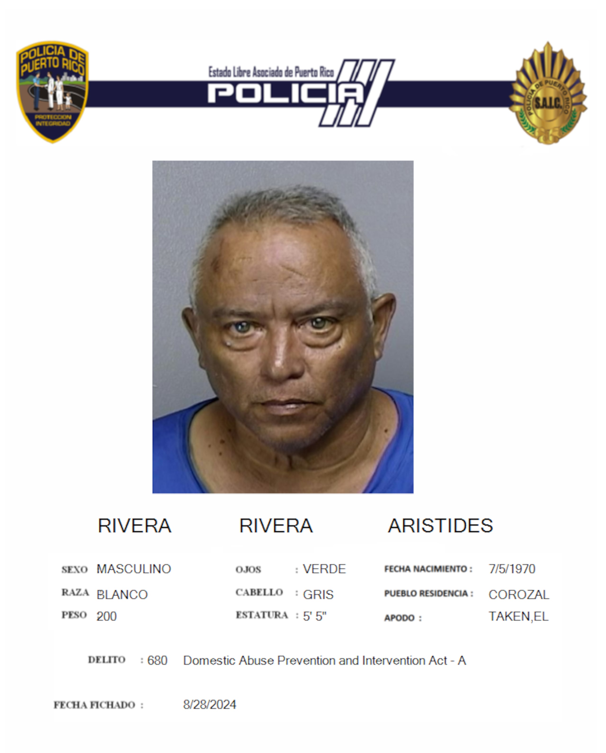 Arístides "Taken" Rivera Rivera, enfrenta cargos por violencia doméstica, resistencia al arresto y maltrato de menores.