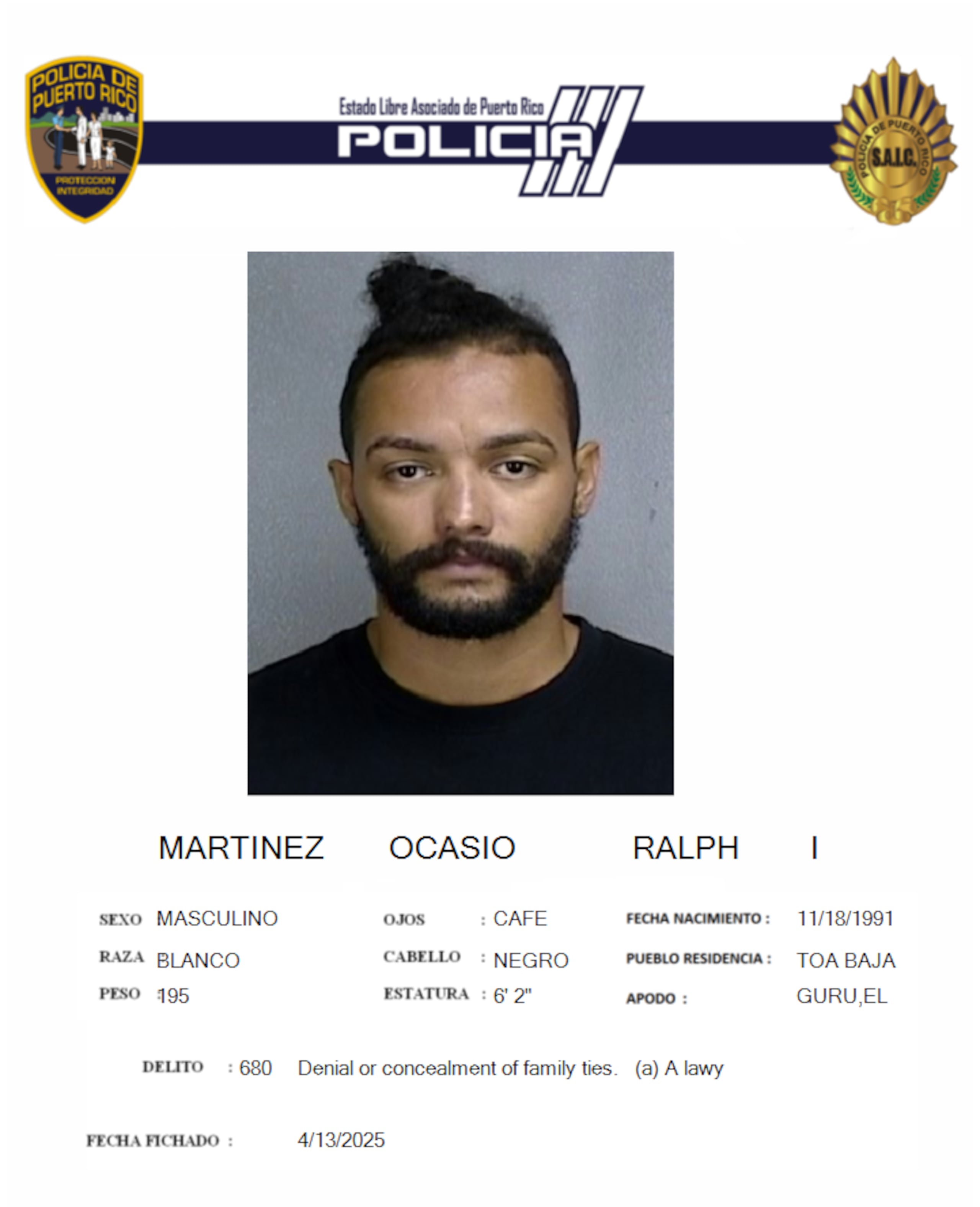 Ficha policial del imputado, Ralph Martínez Ocasio, de 33 años.