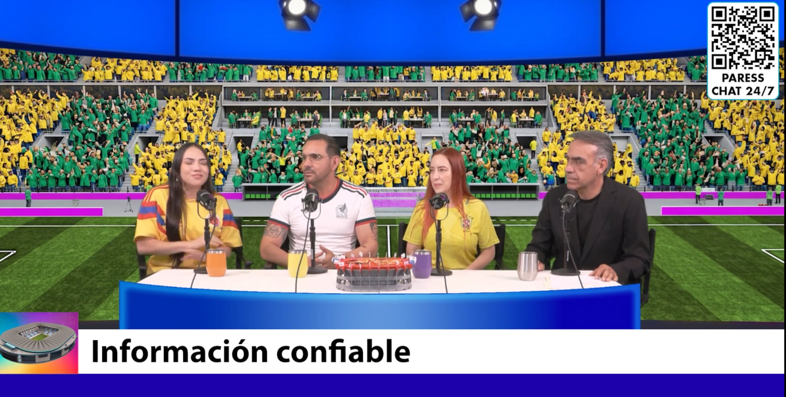 Captura de video cedido por Reckitt- SICO que muestra al comentarista Enrique Garay (d), la psicóloga colombiana Leidy Montoya (c-d), el doctor Juan Antonio Rodríguez (c-i), y la psicóloga brasileña Eliane Marcia Tormes, hablando durante el programa el entrenamiento de salud sexual realizado por la alianza SICOnfío a través de la campaña regional Que no te metan gol. EFE/ Reckitt- Sico