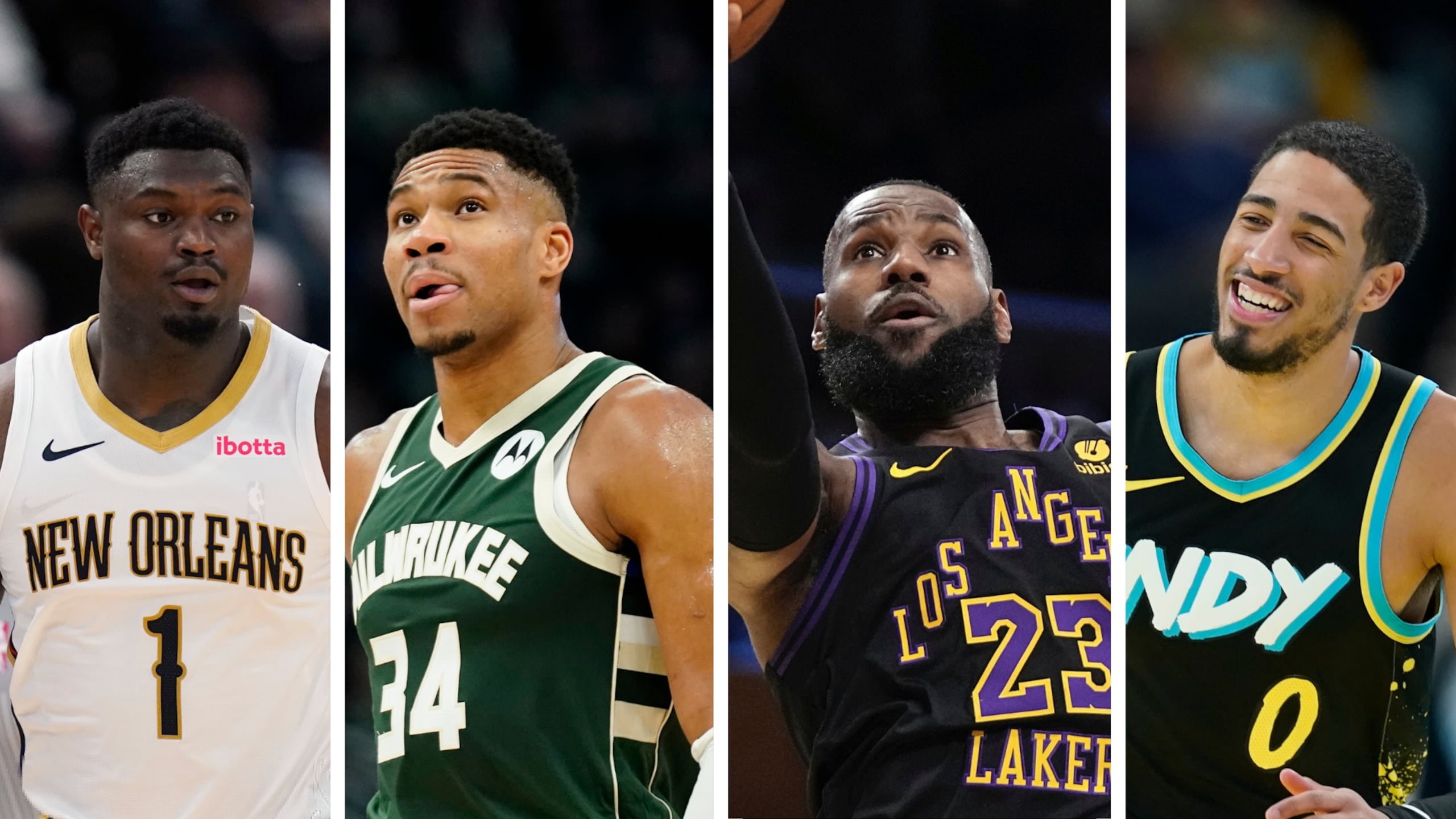 Las estrellas de los equipos clasificados a las semifinales de la Copa NBA de izuierda a derecha: Zion Williamson, de Nueva Orleans; Giannis Antetokounmpo, de Milwaukee; LeBron James, de Los Ángeles; y Tyrese Haliburton, de Indiana.