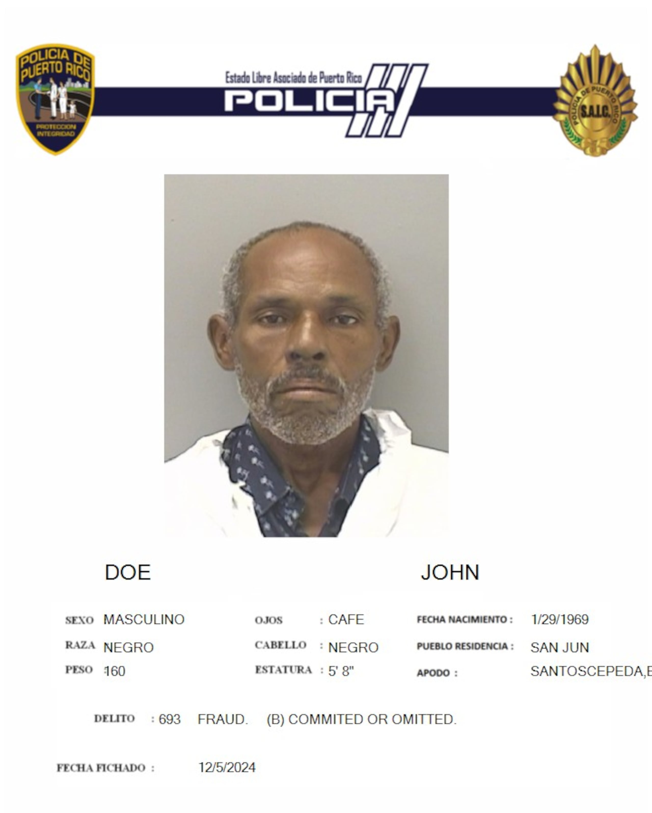 John Doe (Santos Cepeda) enfrenta cargos por apropiación ilegal grave, Fraude, robo de identidad, obstrucción a la autoridad e Impostura.