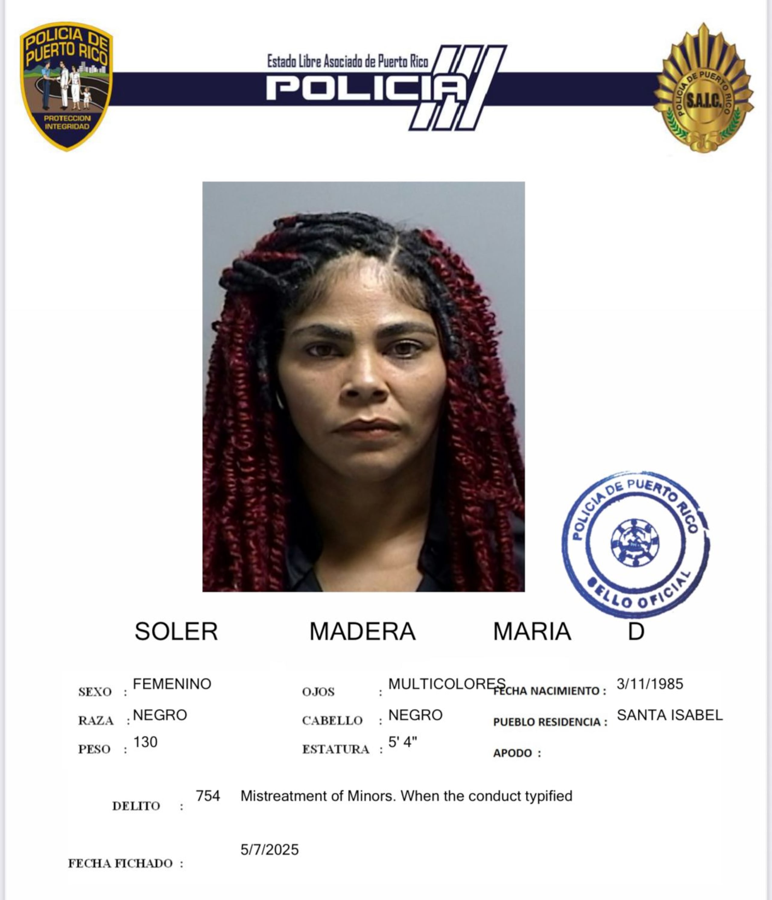 María D. Soler Madera, enfrenta un cargo por maltrato de menores.
