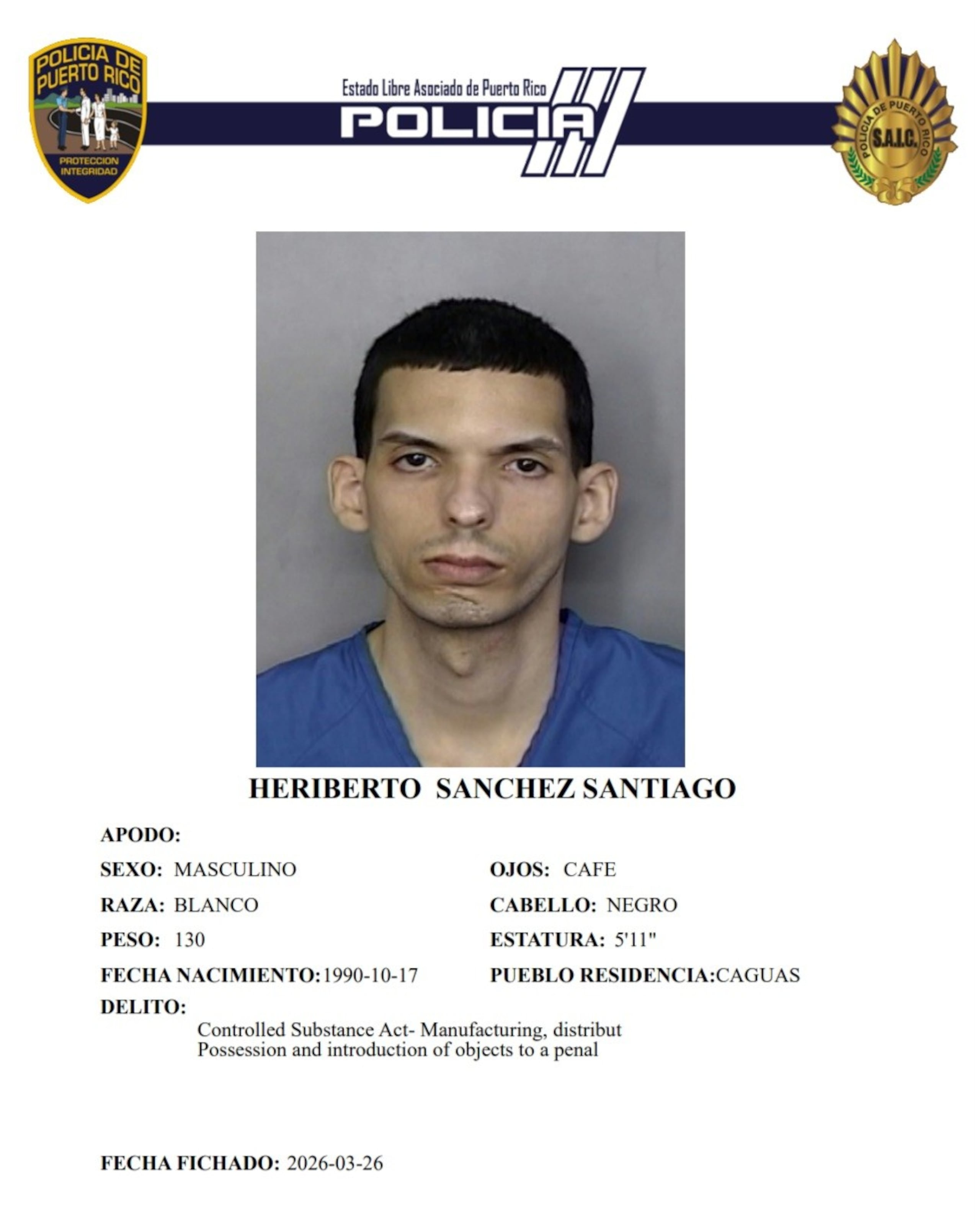 El confinado Heriberto Sánchez Santiago, enfrenta cargos por violación a la Ley de Sustancias Controladas.