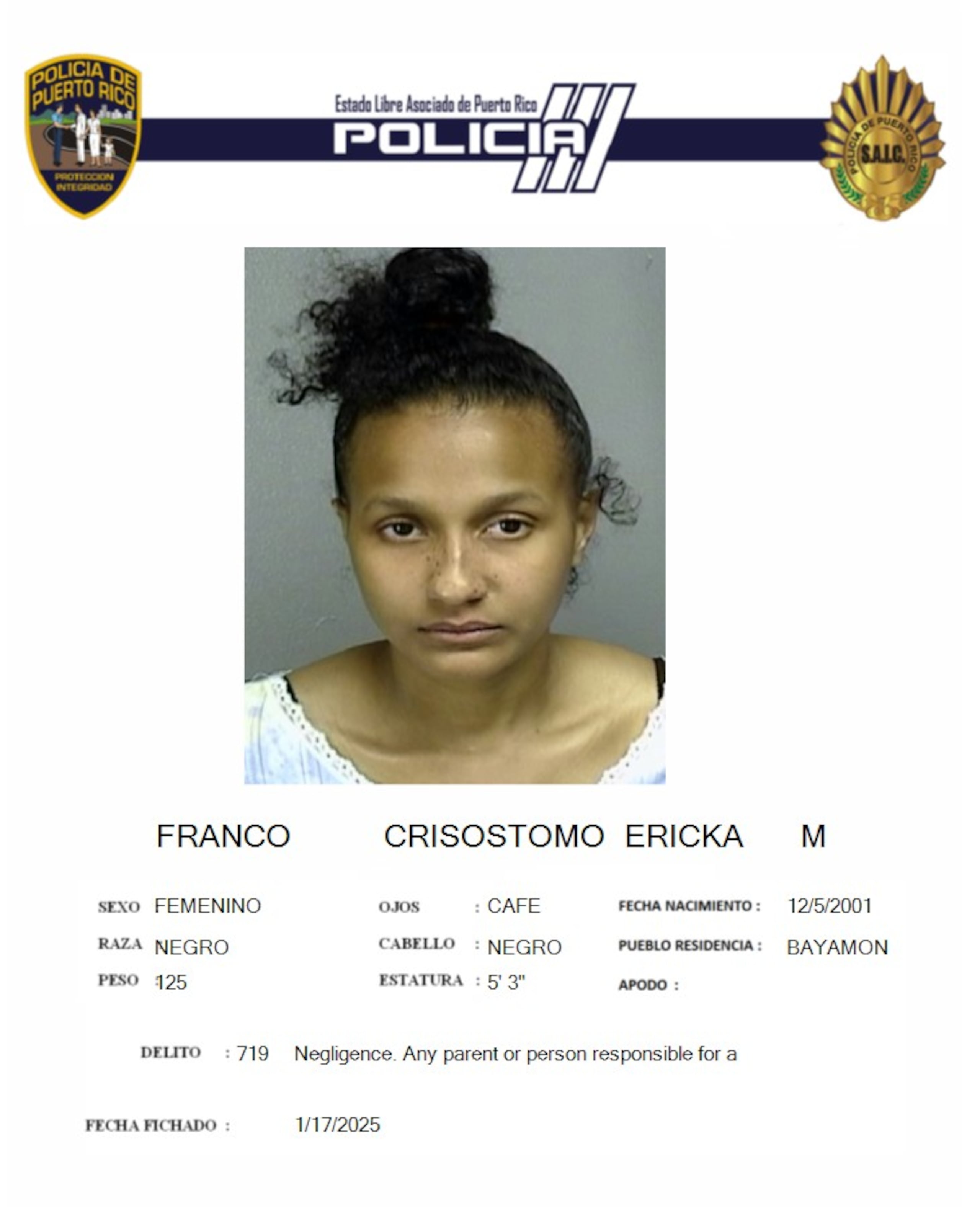Ficha policiaca de Erika Michelle Franco Crisostomo, de 23 años.