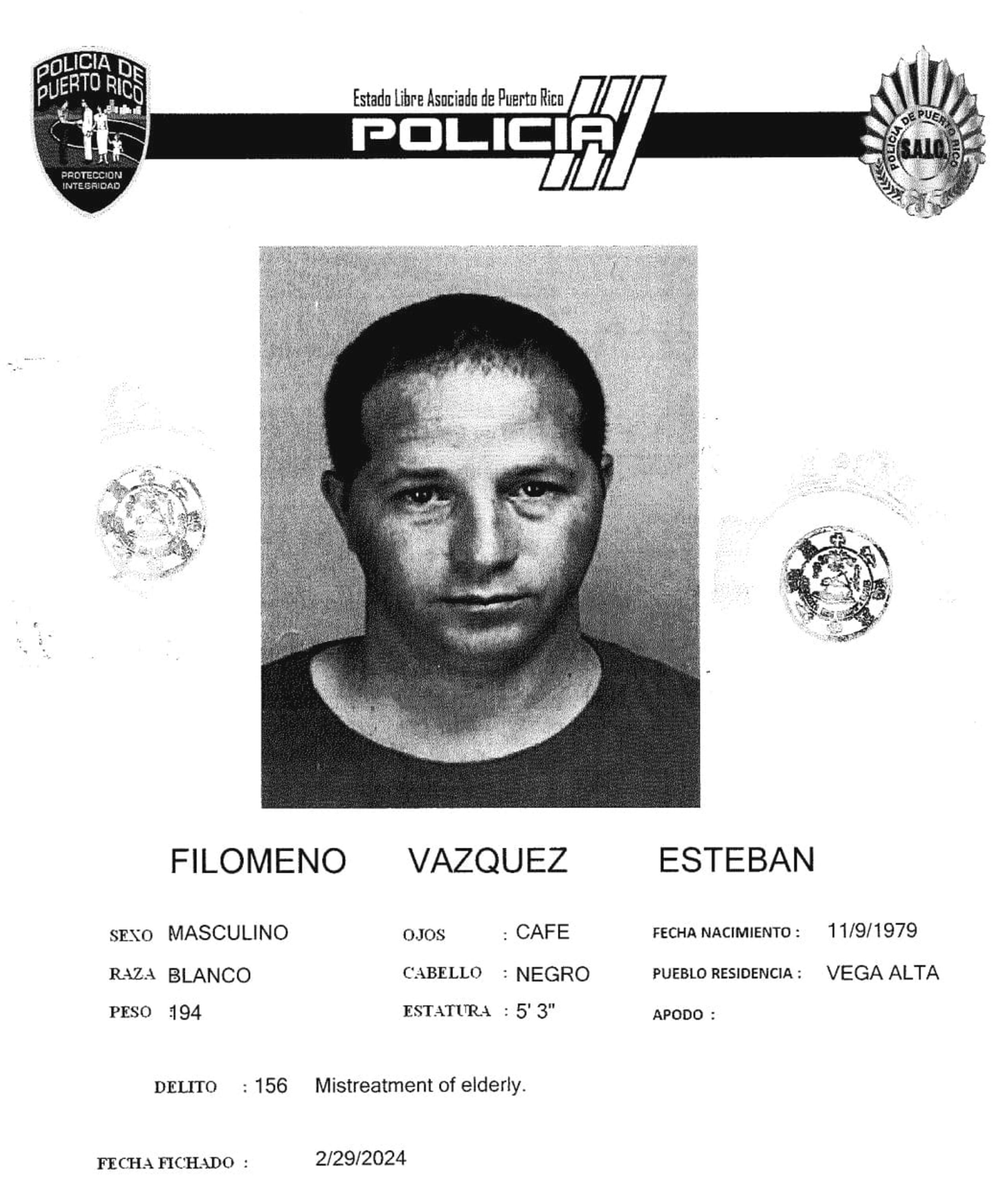 Estéban Filomeno Vázquez de 44 años, está acusado por el delito de maltrato a una persona de edad avanzada, tras la presunta agresión a un vecino en el barrio Candelaria, en Vega Alta.
