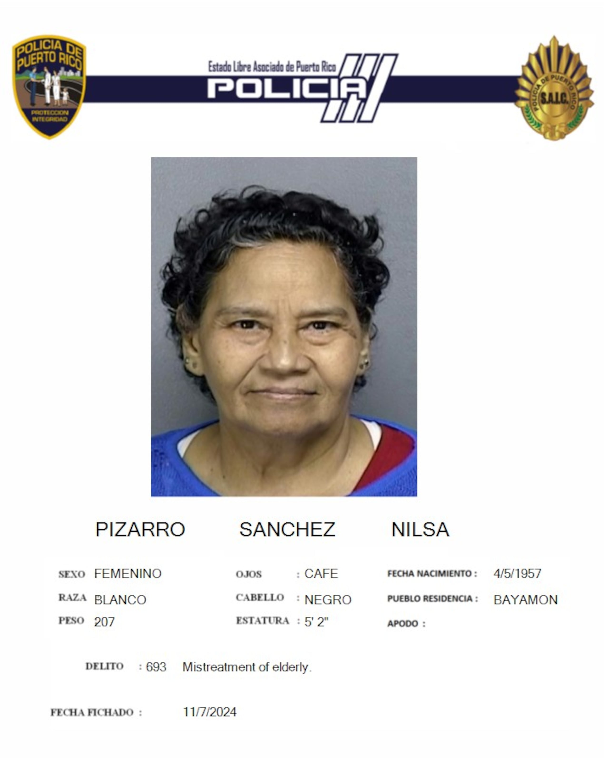 Nisla Pizarro Sánchez, enfrenta un cargo de maltrato a una persona envejeciente.