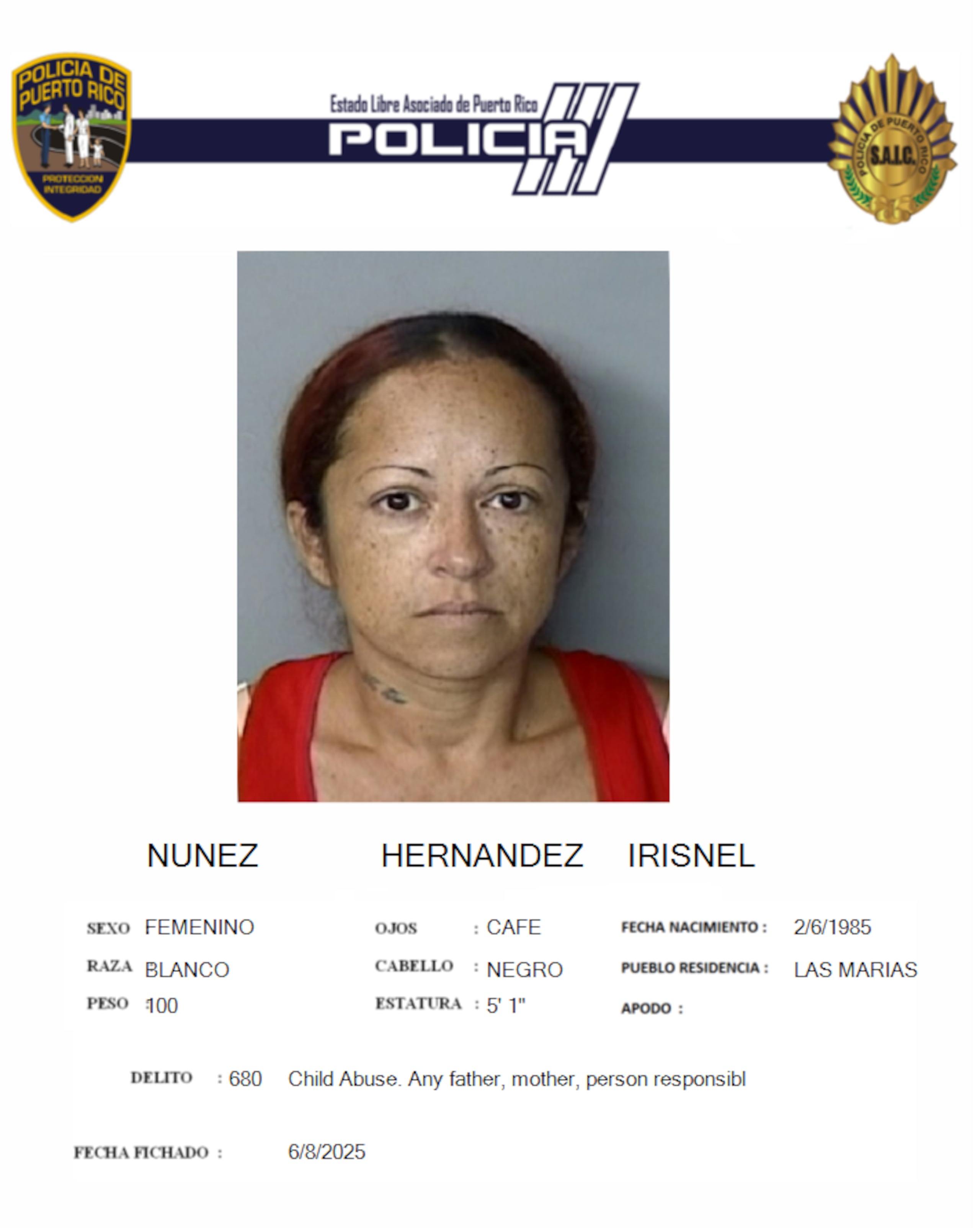 Irisnel Núñez Hernández, fue acusada por un cargo de maltrato de menores.