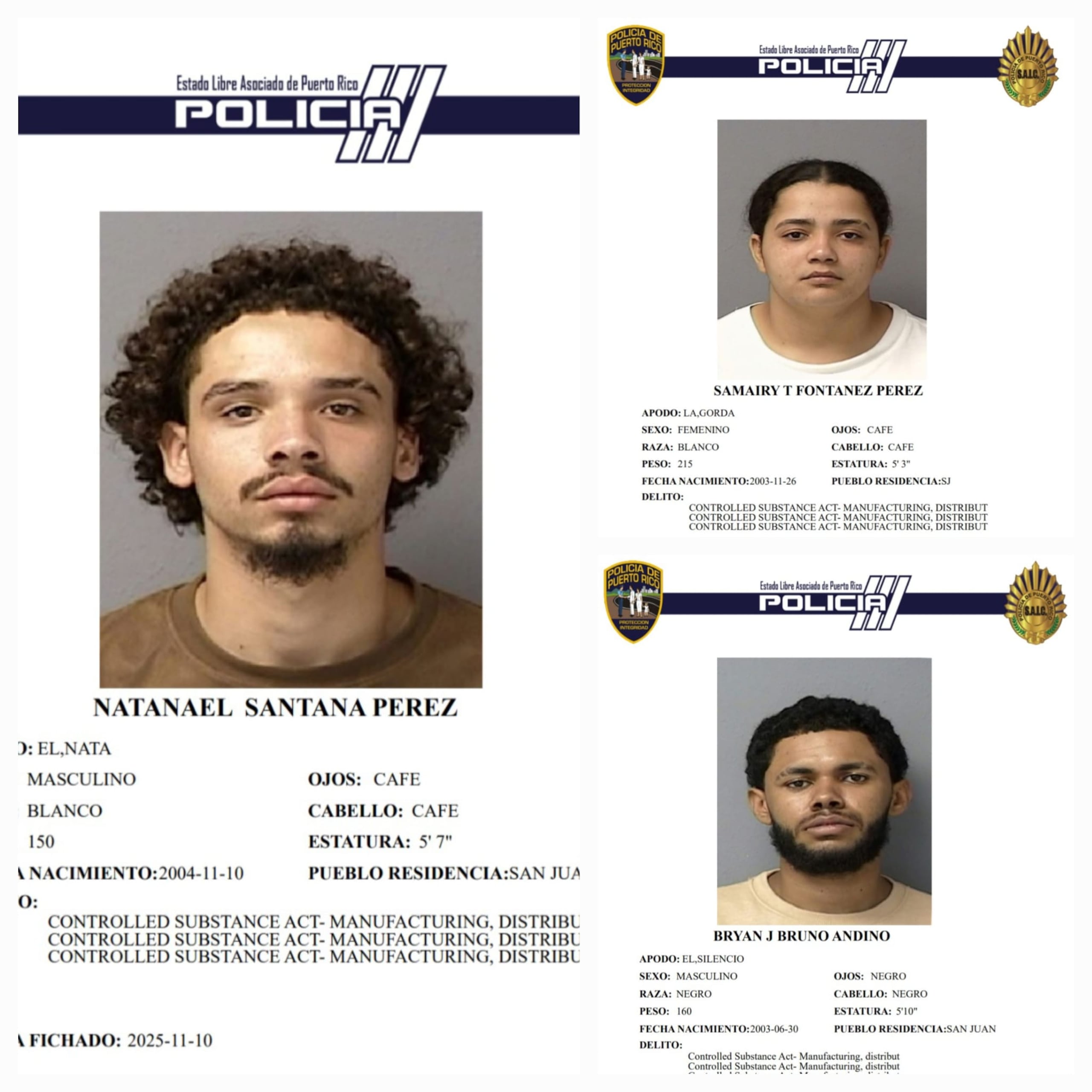 Natanael Santana Pérez, Samairy T. Fontánez Pérez y Bryan J. Bruno Andino, enfrentan cargos por vehículo hurtado y violaciones a las leyes de Armas y Sustancias Controladas.