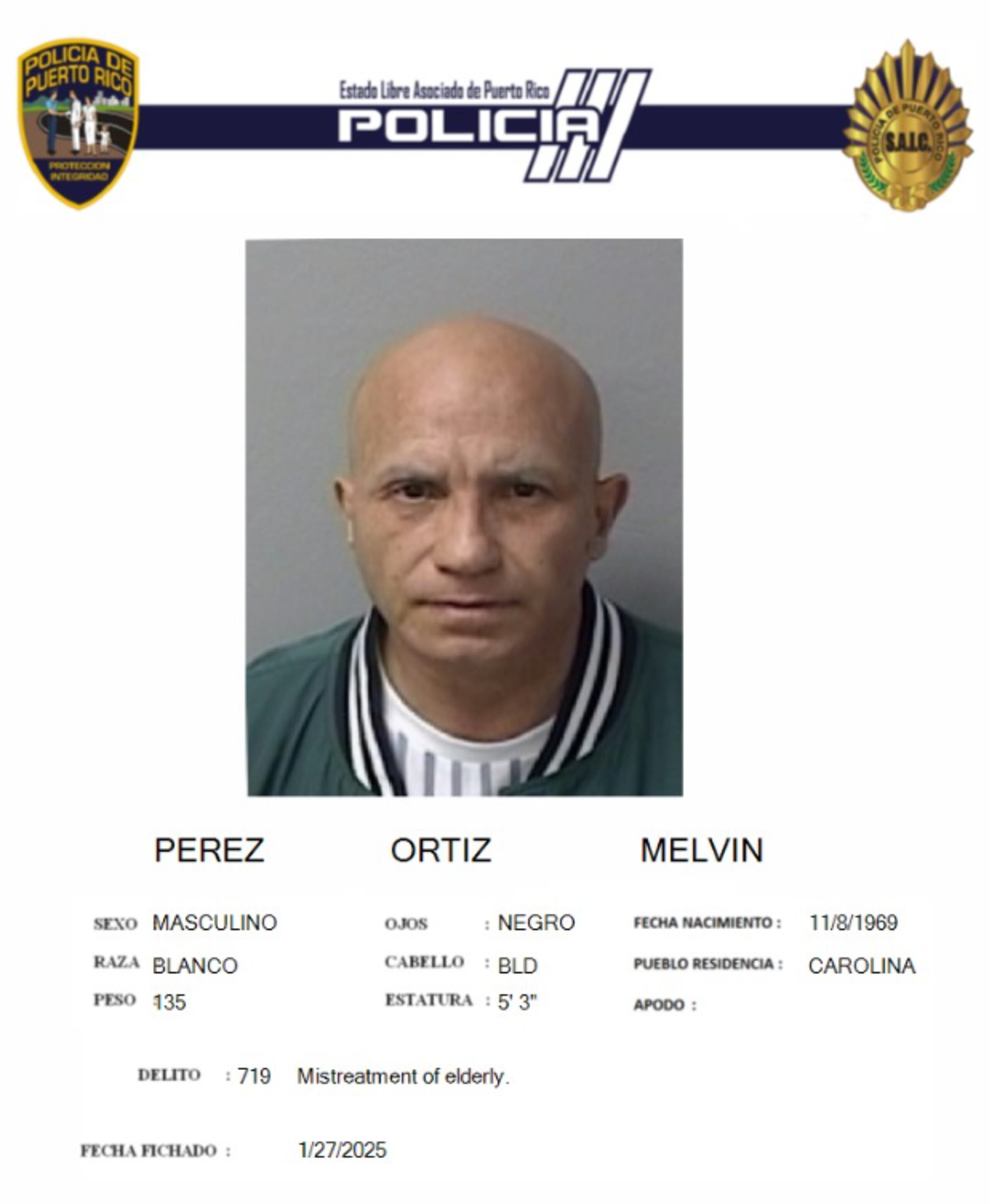 Melvin Pérez Ortizo, fue acusado por la presunta agresión a un hombre de 75 años.