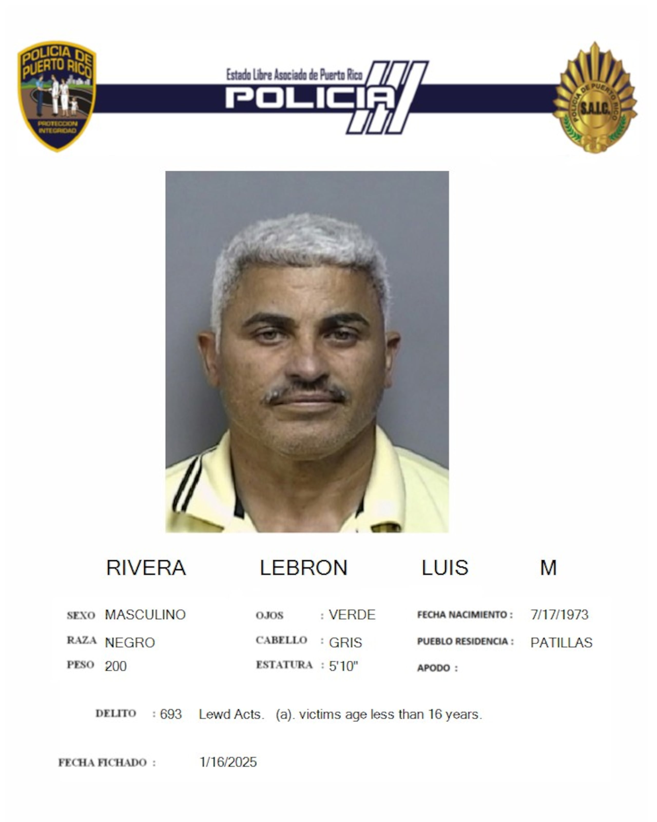 Luis Manuel Rivera Lebrón, de 51 años, quien laboraba como agente del Negociado de la Policía de Puerto Rico, fue acusado por cargos de abuso sexual y maltrato contra una adolescente de 15 años.