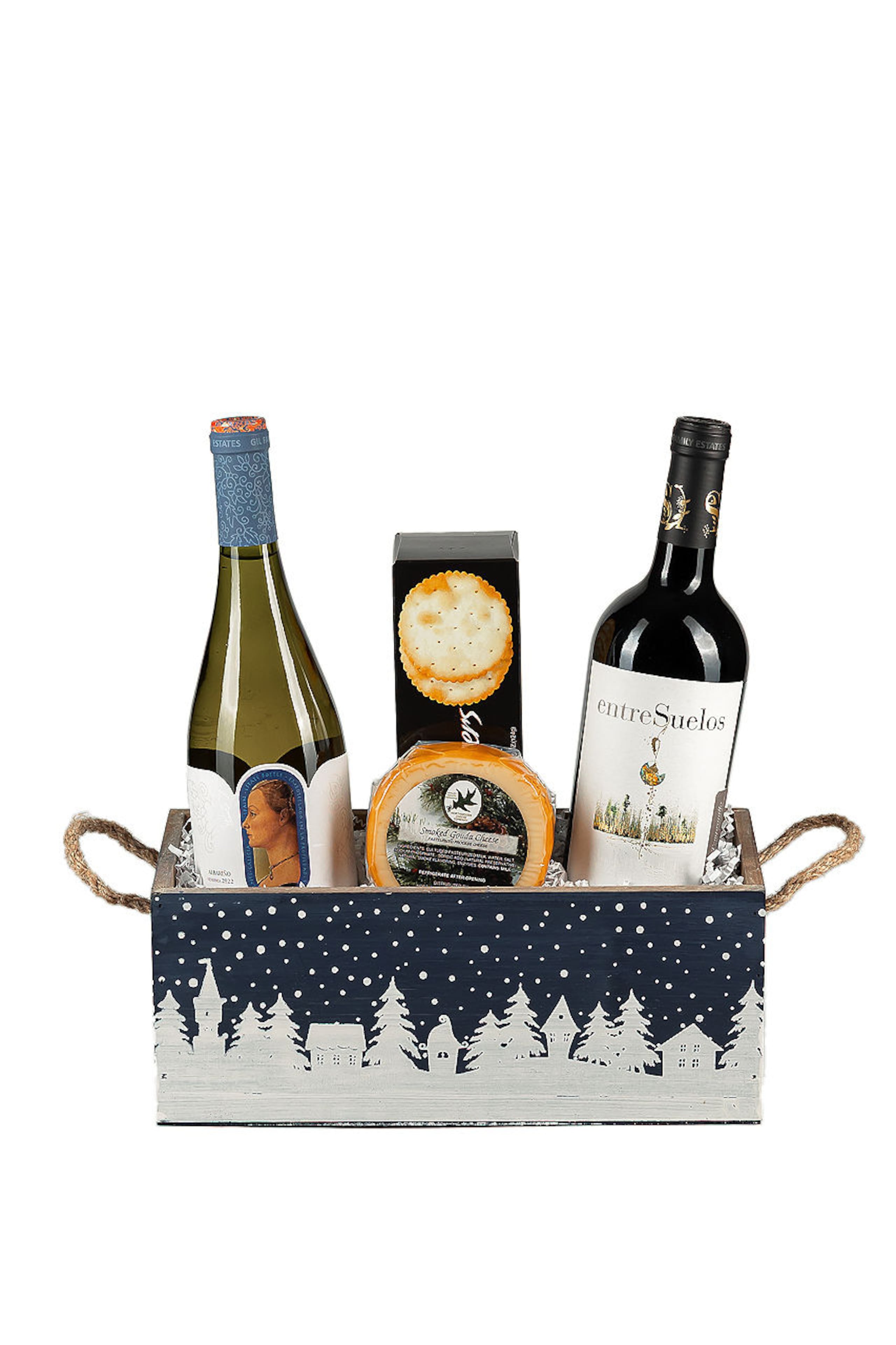 Caja en madera de diseño navideño con vinos españoles Entresuelos, Lagar Da Condesa y conservas.