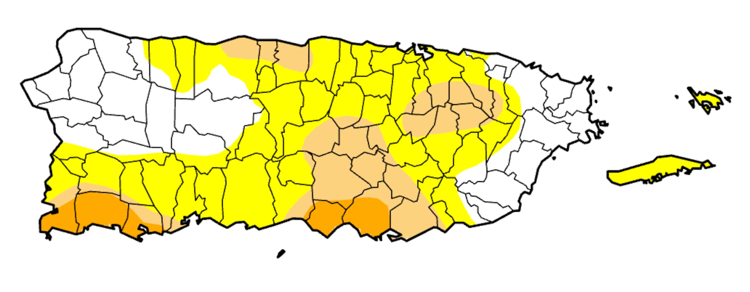Gráfica de las zonas bajo sequía publicada por el Monitor de Sequía de los Estados Unidos. Las zonas amarillas están anomalamente secas, las cremas son áreas bajo sequía moderada y las anaranjadas están en sequía severa.