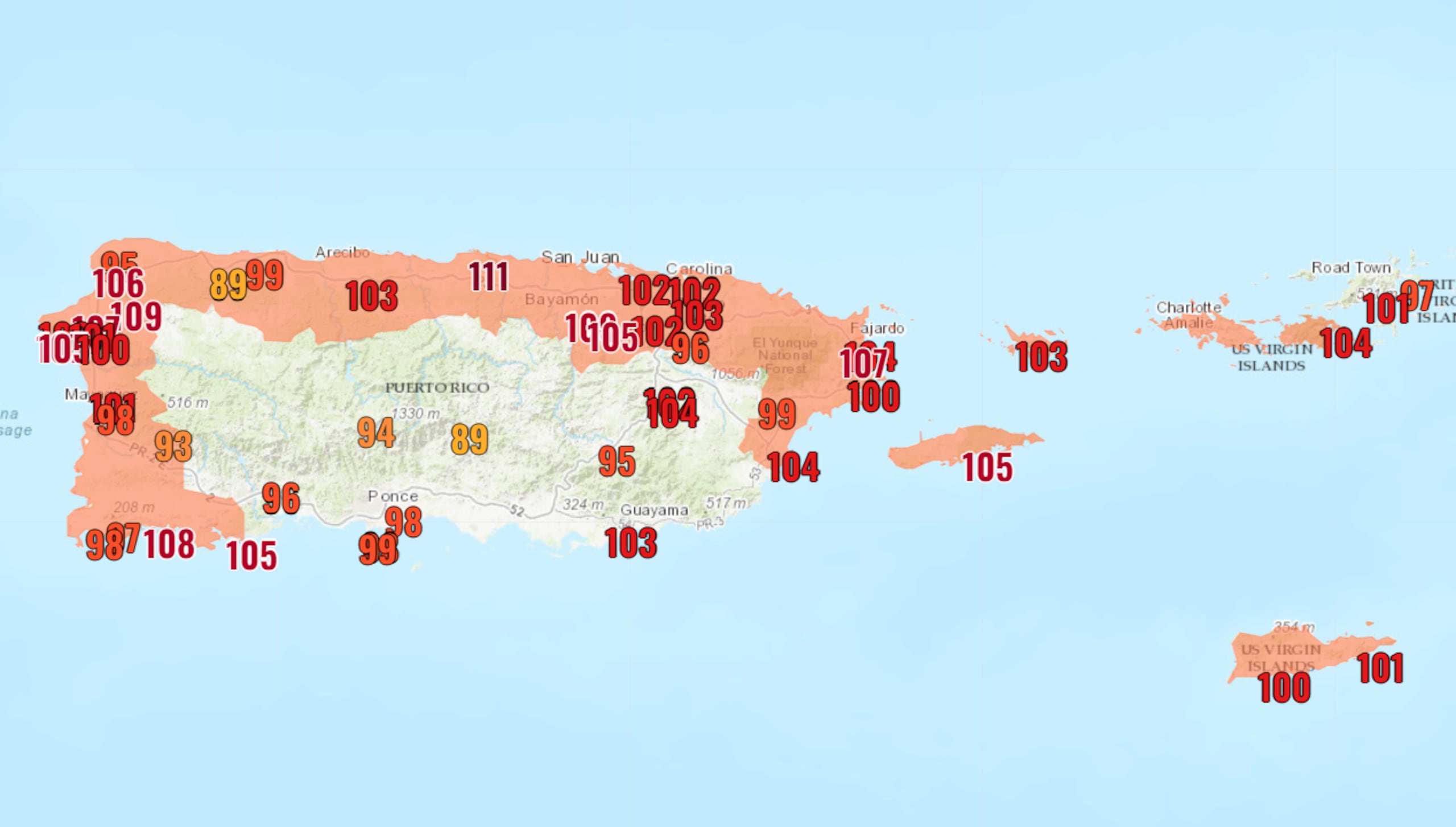 Algunas observaciones de índices de calor, o la sensación térmica, al mediodía del 13 de mayo de 2024.