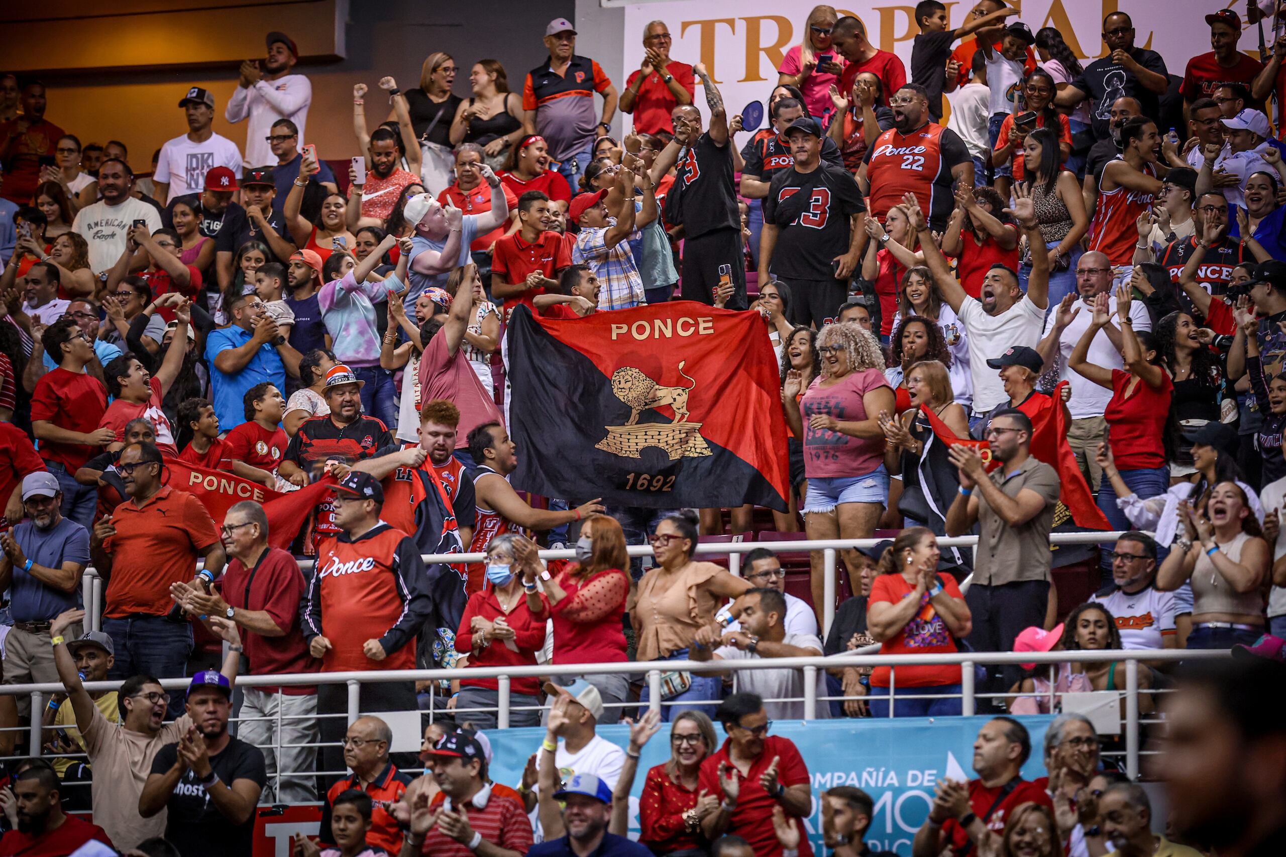 La fanaticada de los Leones de Ponce festeja desde las gradas del Auditorio Juan "Pachín" Vicéns.