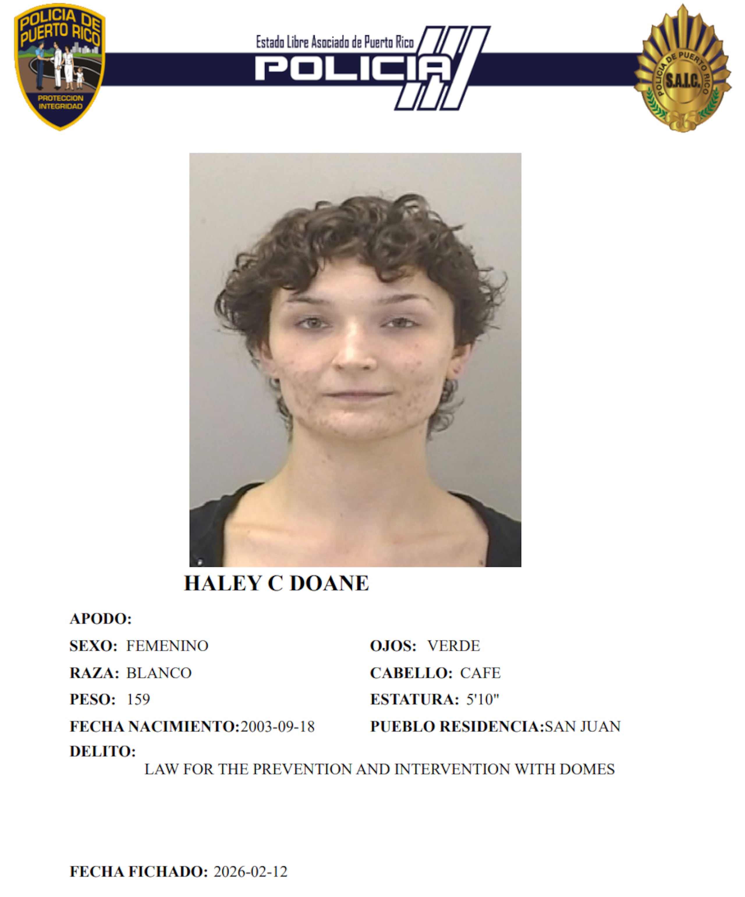 Ficha policiaca de Haley Catherine Doane.