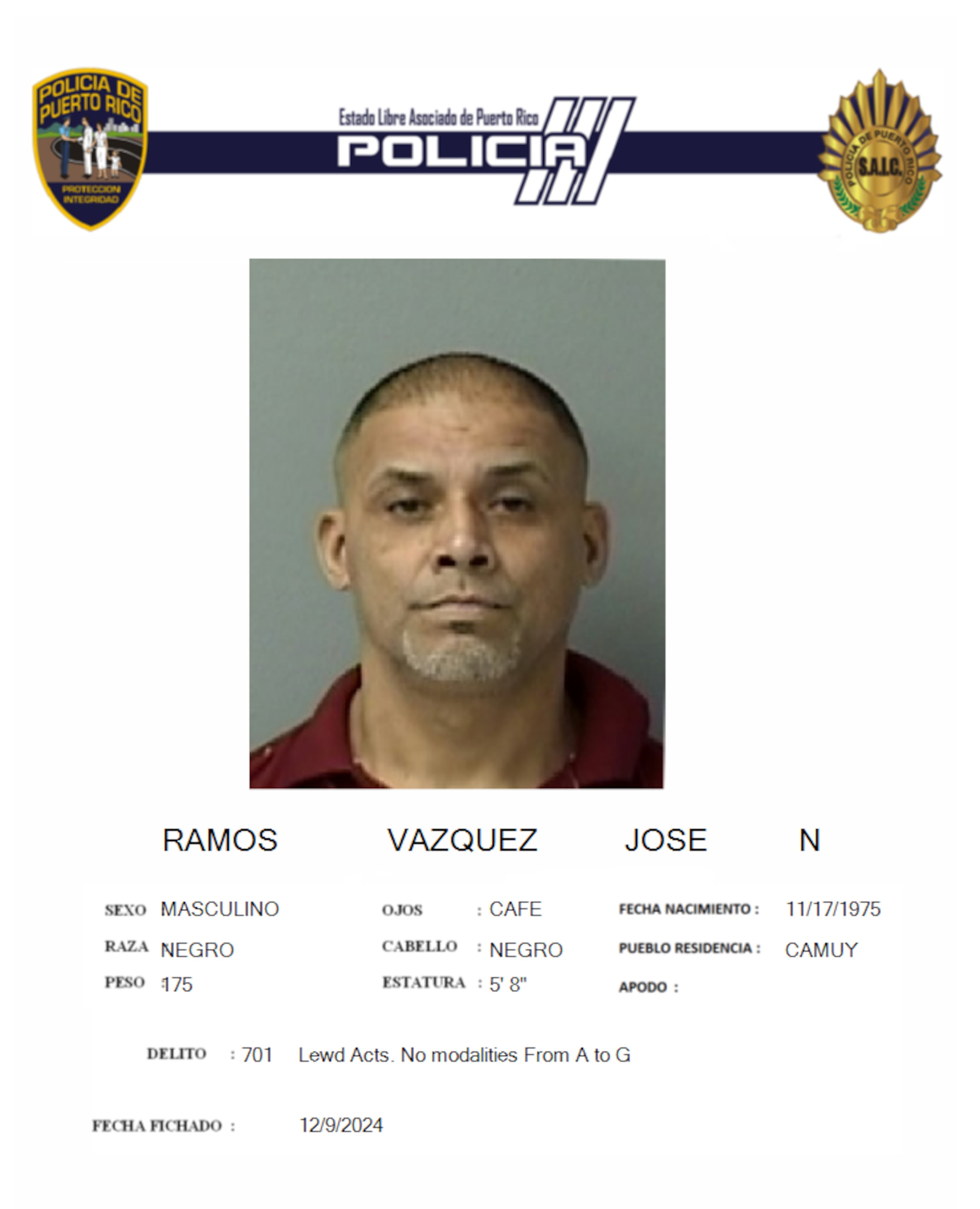 José N. Ramos Vázquez, enfrenta un cargo por actos lascivos.